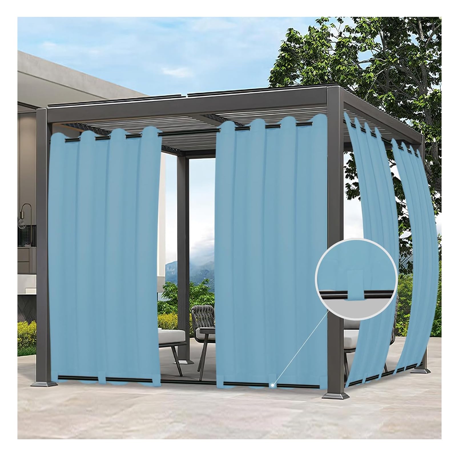 Mewkew Outdoor Curtains for Patio Waterproof Grommet Curtains Drape UV and Fade Resistant Outside Curtains for Gazebo,Pergola, Sun Blocking Privacy Curtain,Blue A,1 PCS,500 x 290 cm（W x H）