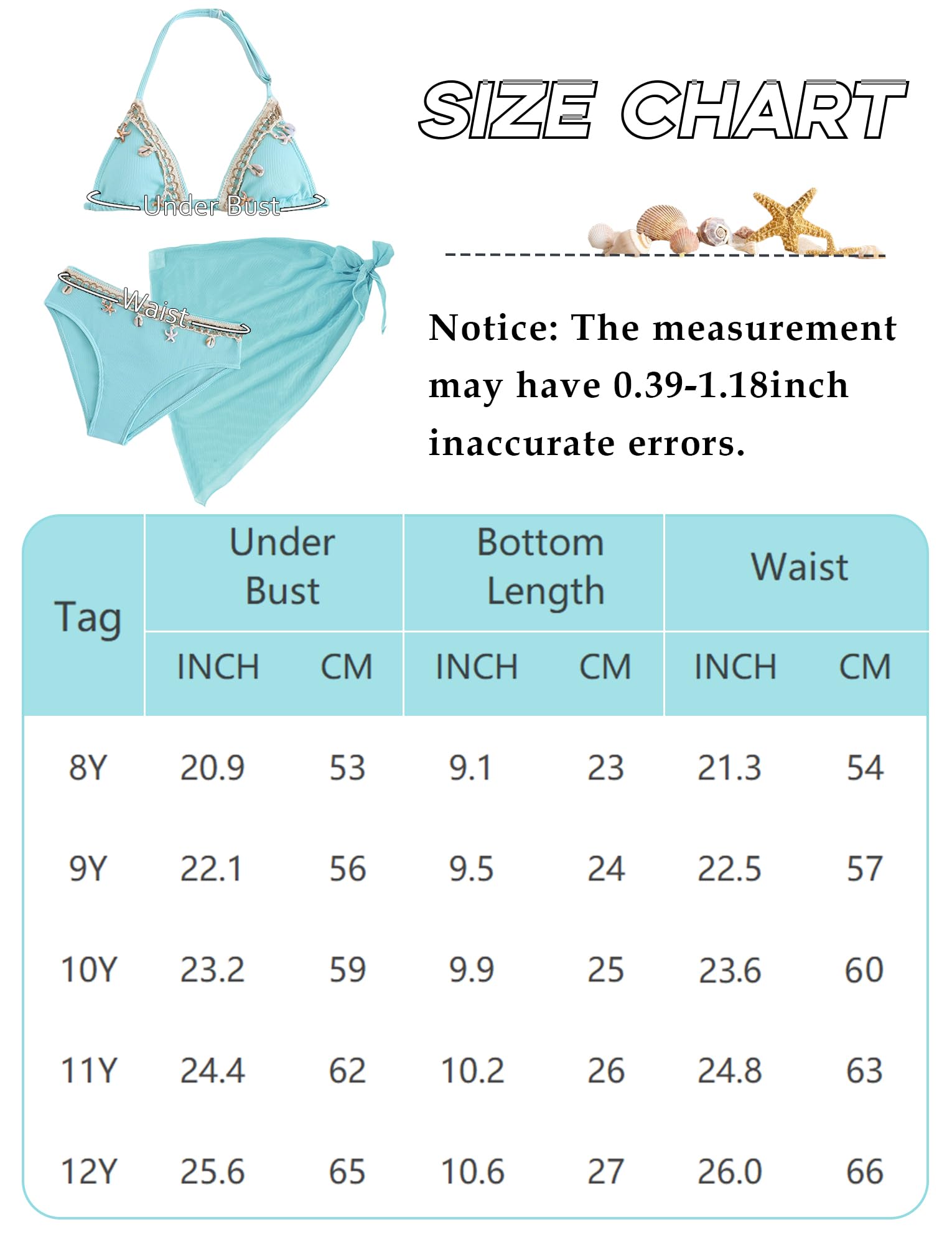 SEAUR Conjunto de bikini para niña, 3 piezas, traje de baño con falda, moderno, decoración de conchas, traje de baño acolchado, 8-12 años