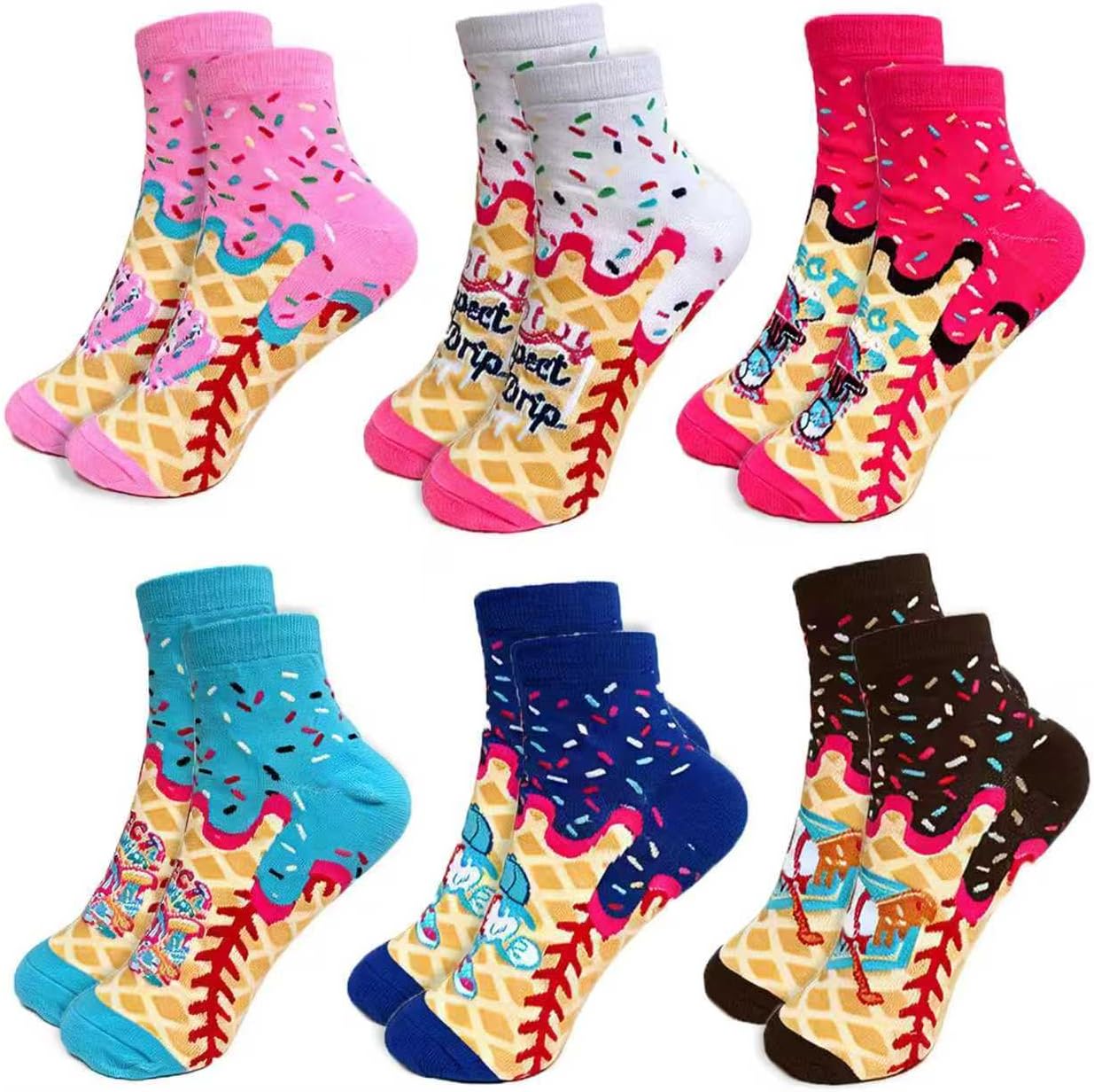 6 Pairs Ice Cream Drip Baseball Party Favors Bulk Baseball Drip Socks for Youth Teens Adults Goodie Bags Stuffers Funny Socks for Women Summer Colorful Novelty Crew Cotton Stockings Crazy Gifts