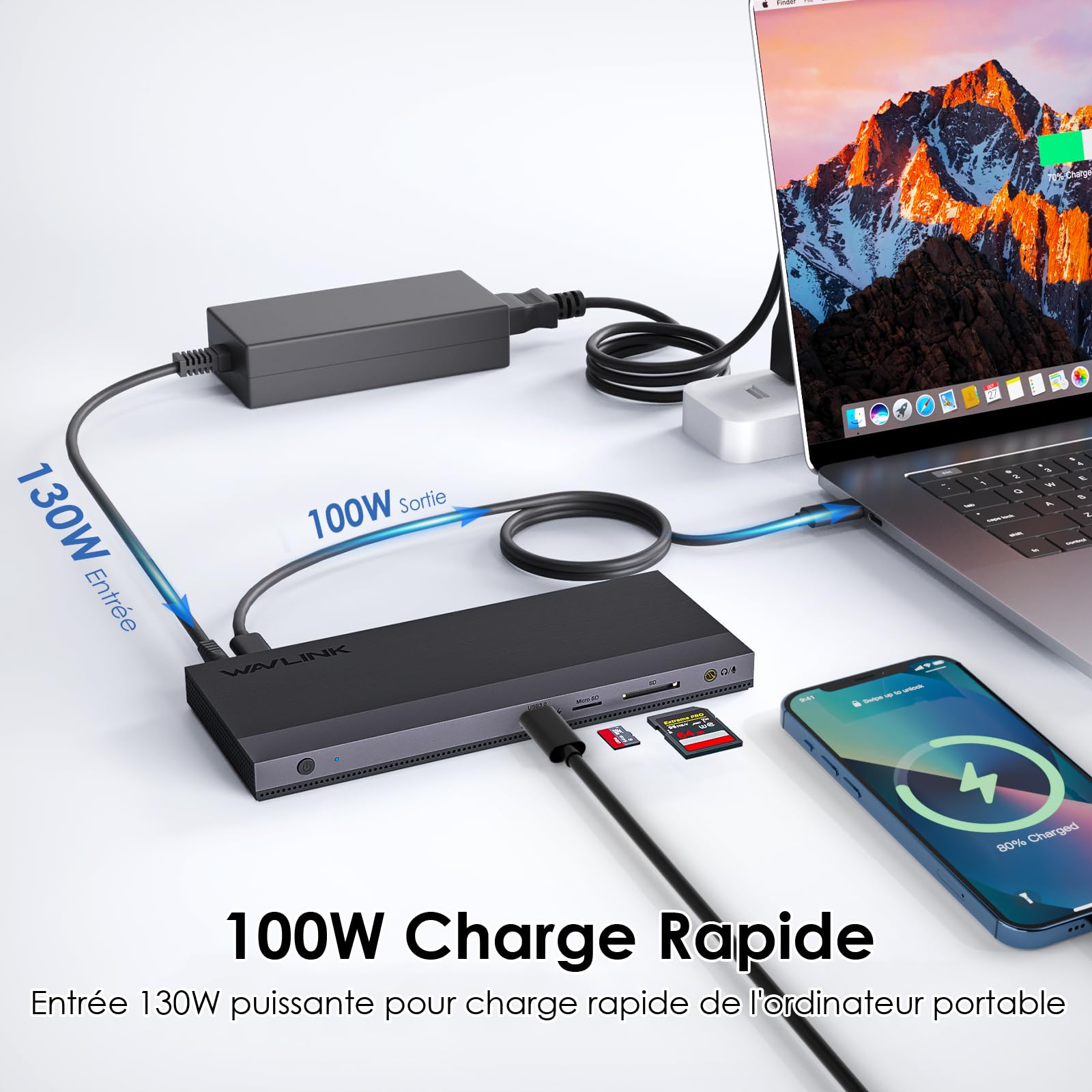 WAVLINK Station d'accueil pour Ordinateur Portable pour 3 écrans | 2x DP+HDMI, 4K@144Hz, Entrée PD 130 W, 4x USB 3.0, Audio, Ethernet Gigabit, SD/TF, compatible avec Lenovo/HP/Dell