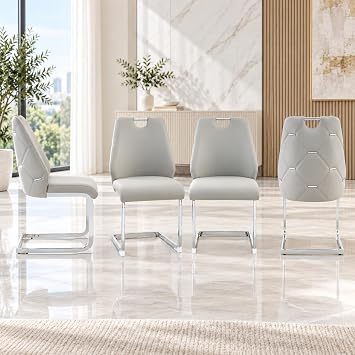 Light Gray Leather Dining Chairs with Diamond Backrest Chrome Base,Set of 4