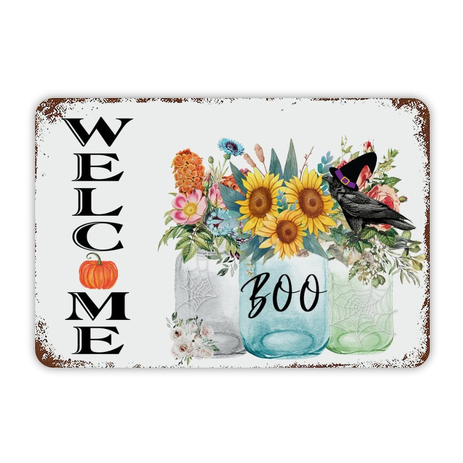 ENEDNATE Welcome Halloween Floral Vase Crow Vintage Man Cave Metal Sign 8x12 Inch Decorative Aluminum Tin Sign for Indoor Outdoor Kitchen Bar Restaurant Cafe Pub Wall Art Decor Hanging Poster