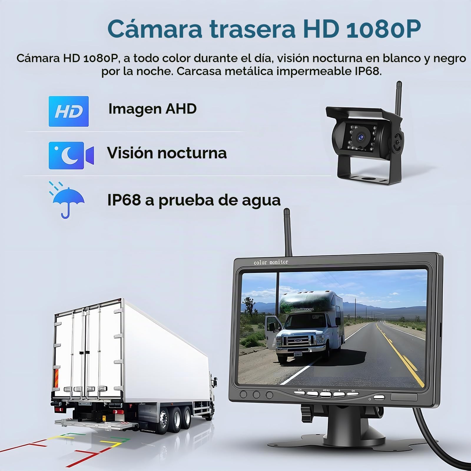 SIXWIN Kit de Camara Trasera Coche Inalambrica HD 1080P, Monitor de 7 Pulgadas con Cámara de Respaldo Inalámbricas para Remolque, Camper, Camión, Autobús, IP68 Impermeable, Visión Nocturna, BSD