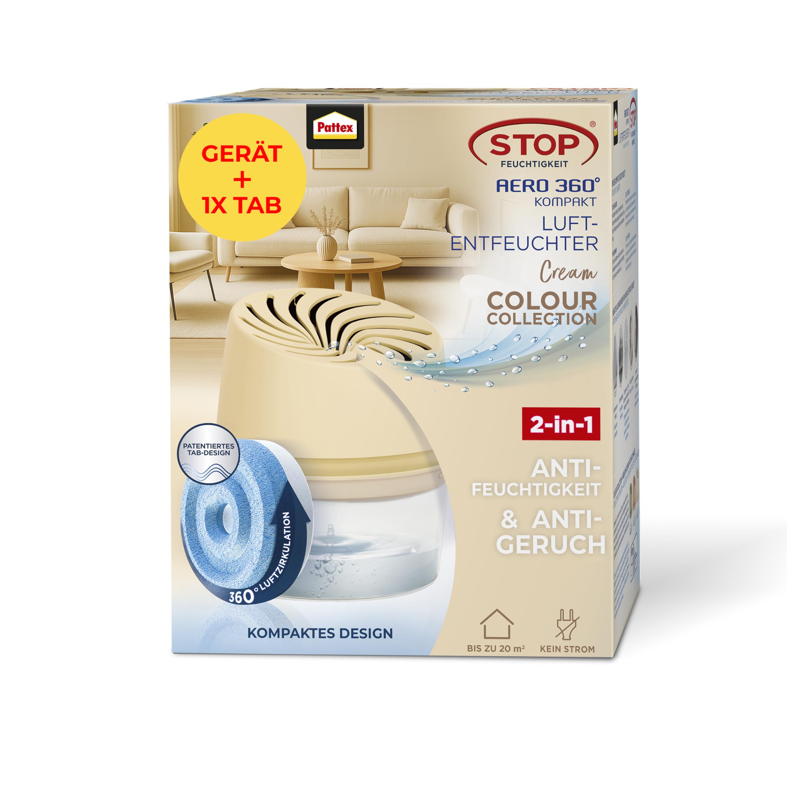 Pattex AERO 360° Kompakt Luftentfeuchter Cream Colour Collection, 1 Gerät inkl. 1 Nachfülltab, Raumentfeuchter für effektive Luftzirkulation, Raumluftentfeuchter reduziert Luftfeuchtigkeit