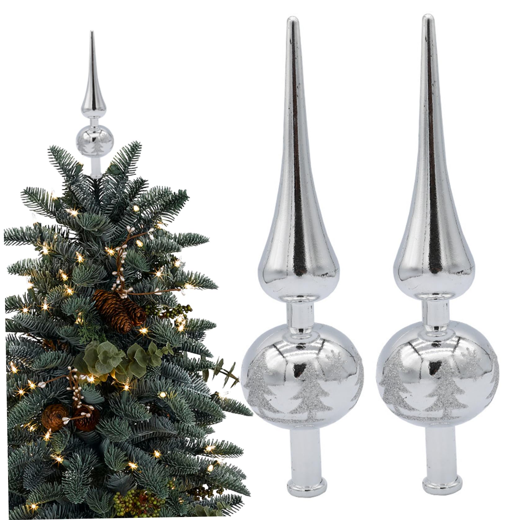 Lcarege Christmas Tree Topper 2Pcs Plastic Xmas Tree Topper Finials 9 Inch Decorative Spherical Treetop for Holiday Home Christmas Ornaments Silver
