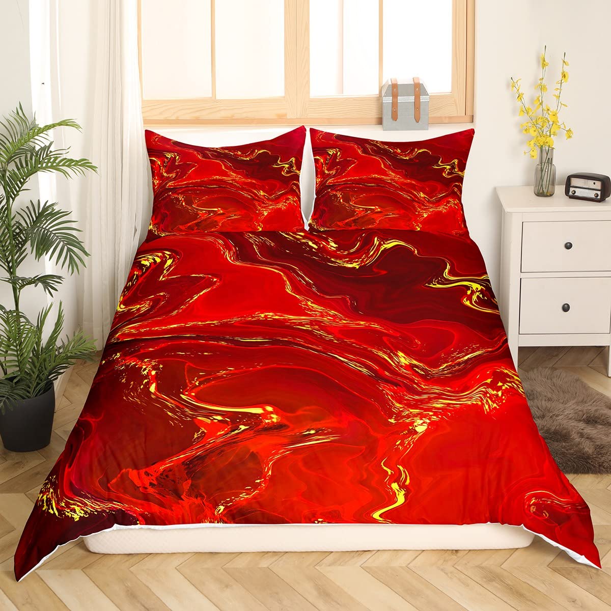 Red Marble Duvet Cover Set Double Size, Luxurious Red Gold Marbling Comforter Cover with 2 Pillowcases - Image 3