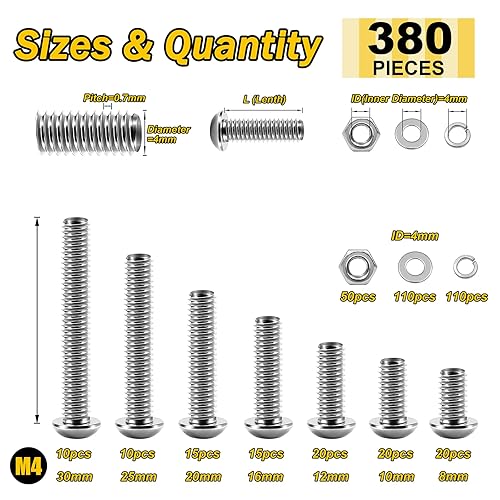 Miniatura 3 de 380 piezas M4 Tornillos Surtidos Kit 304 de acero inoxidable 304 cabeza de botón Tornillos métricos, resorte y arandelas planasTuercasLlaves