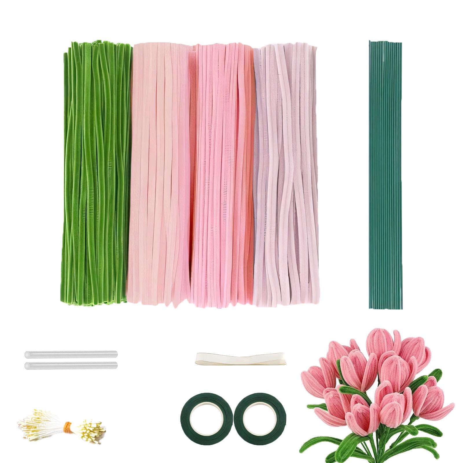 Zhixan 523PCS Green & Pink Pipe Cleaners for Craft Flowers, Chenille Stems Tulip Bouquet Kit, Fuzzy Sticks for DIY Arts Crafts Creative Gift Party Decorations (Colourful)