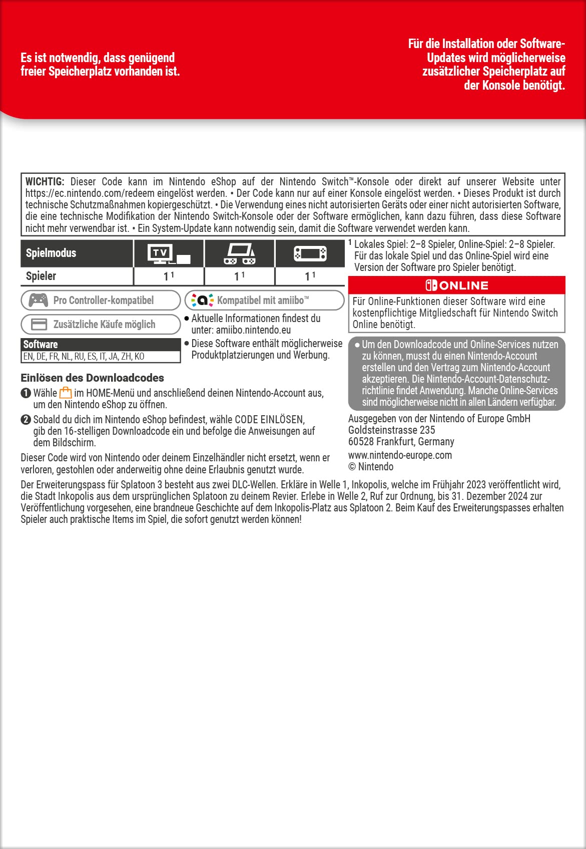 Splatoon 3 Erweiterungspass | Nintendo Switch - Download Code