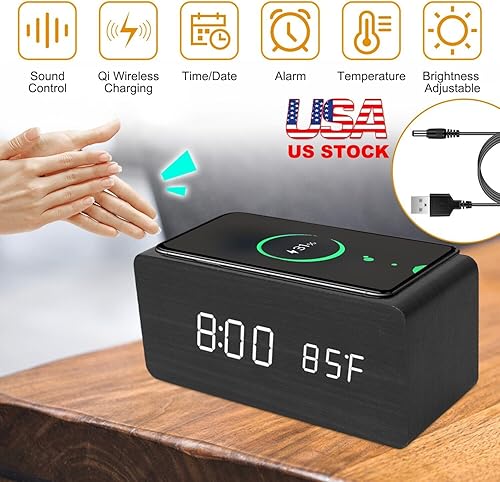 Miniatura 5 de Reloj despertador digital, pantalla LED electrónica de madera, 3 ajustes de alarma, carga inalámbrica de 18 W, día de la semana, detección de
