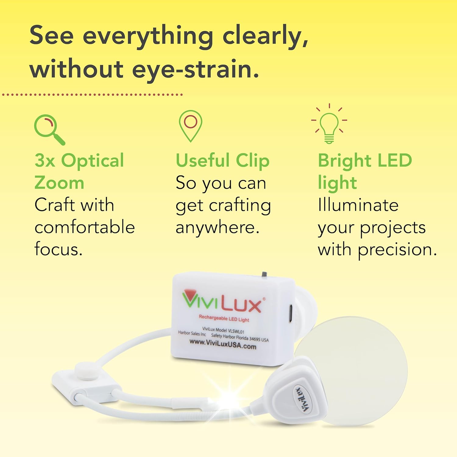 ViviLux LED Craft Light with 3X Magnifier, Flexible Task Lighting for Crafts, Sewing & Reading, Optical Grade Magnifying Glass, Handi-Clip & Hook and Loop Tape