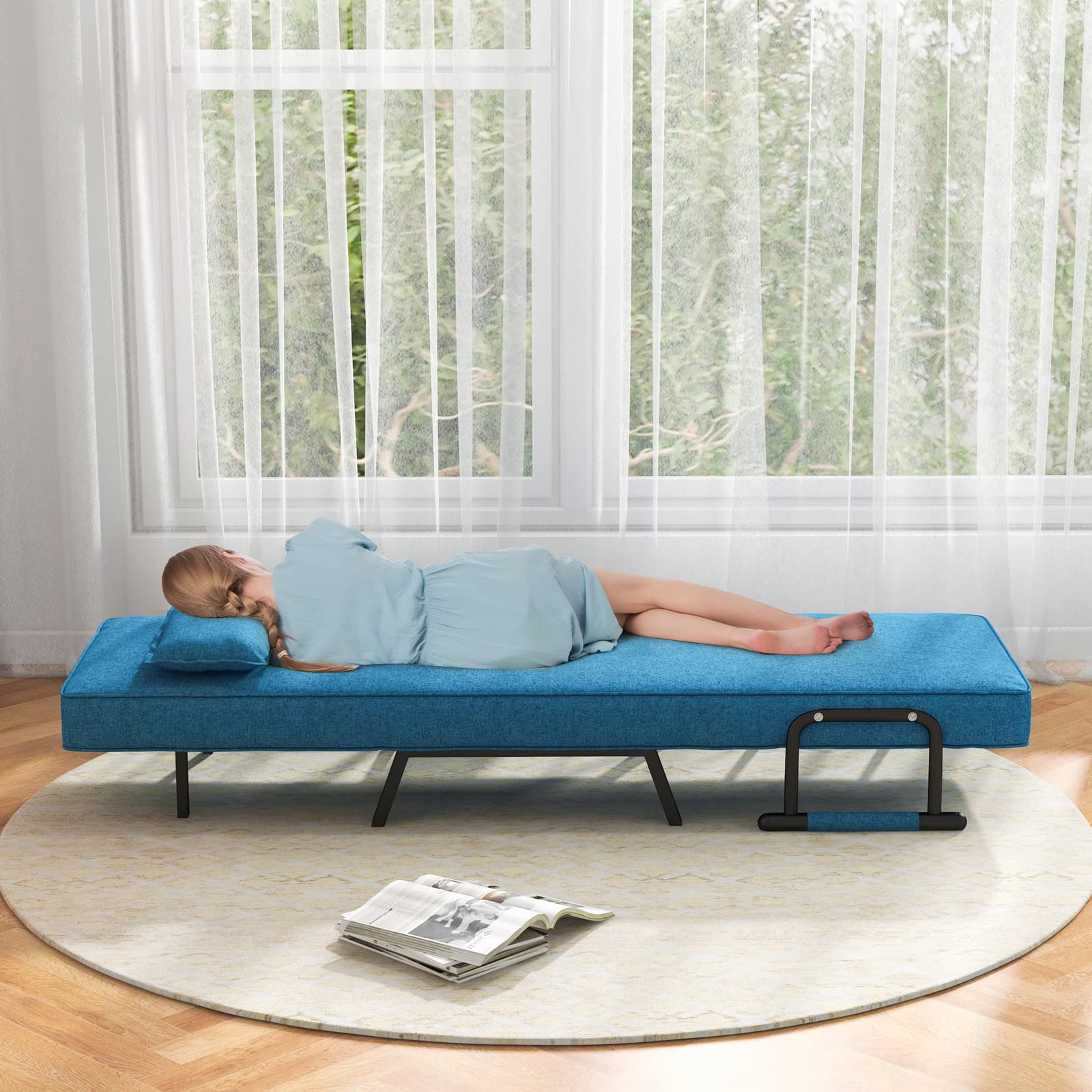 HOMASIS 4 in 1 Poltrona Letto, Divano Letto Pieghevole con Braccioli, Poltrona Salvaspazio con Schienale Regolabile con 6 Angolazioni e Cuscino Removibile, Portata 150 kg (Blu)