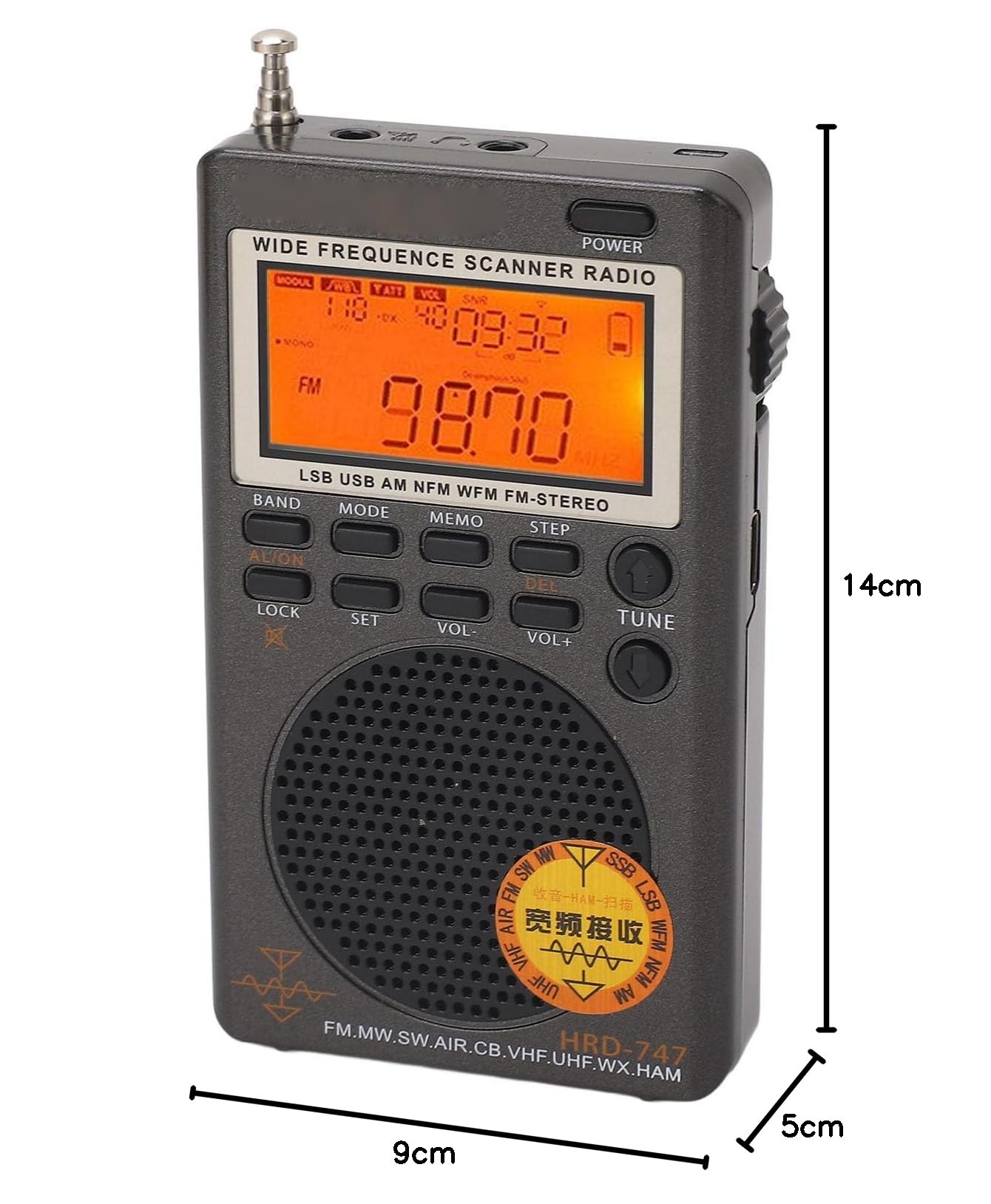 Receptor de Radio Banda Completa DSP Portátil - Compatible con FM, MW, SW, SSB, LSB, Air CB - Espacio de Memoria Amplio - 8Ω 1W Altavoz para Transmisión FM Global