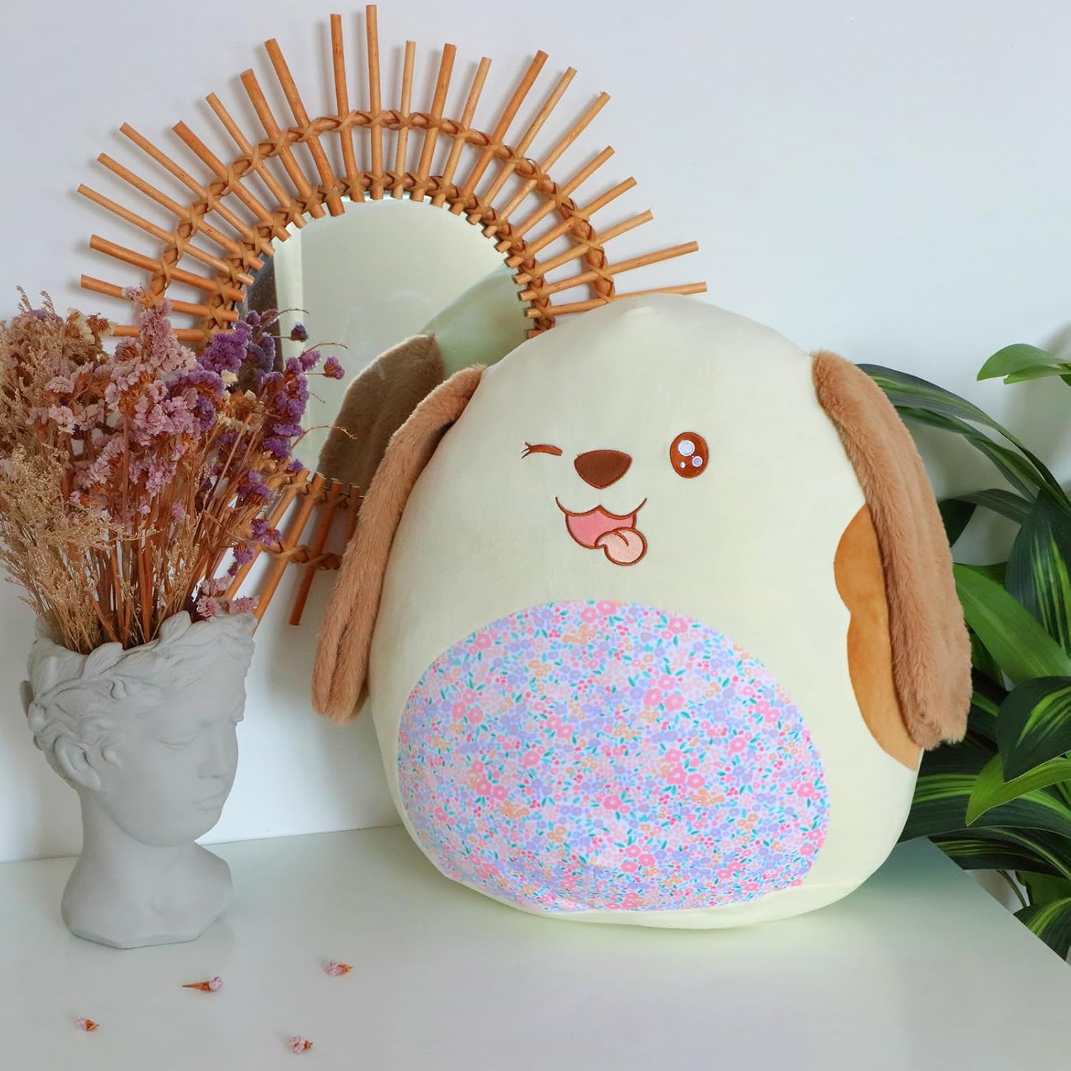 20-Inch Large Dog Plush Pillow with Floral Belly Soft Jumbo Puppy Plush Toy Giant Cute Hugging Stuffed Animal Birthday Gift for Kids Adults