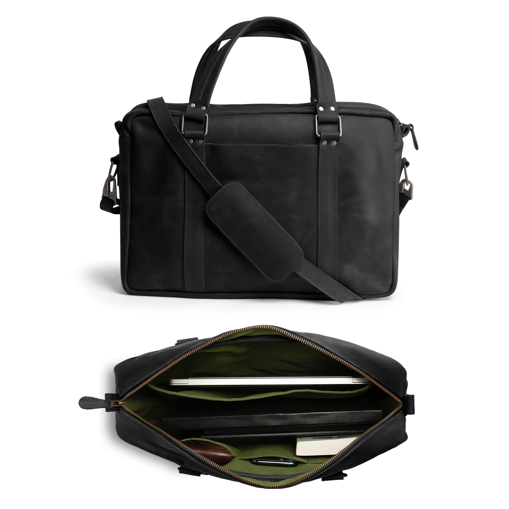 Leather Briefcase for Men with Shoulder Strap, Crossbody Laptop Bag, Computer Brief Case for Work, Messenger Bags, Satchel (Charcoal Black)