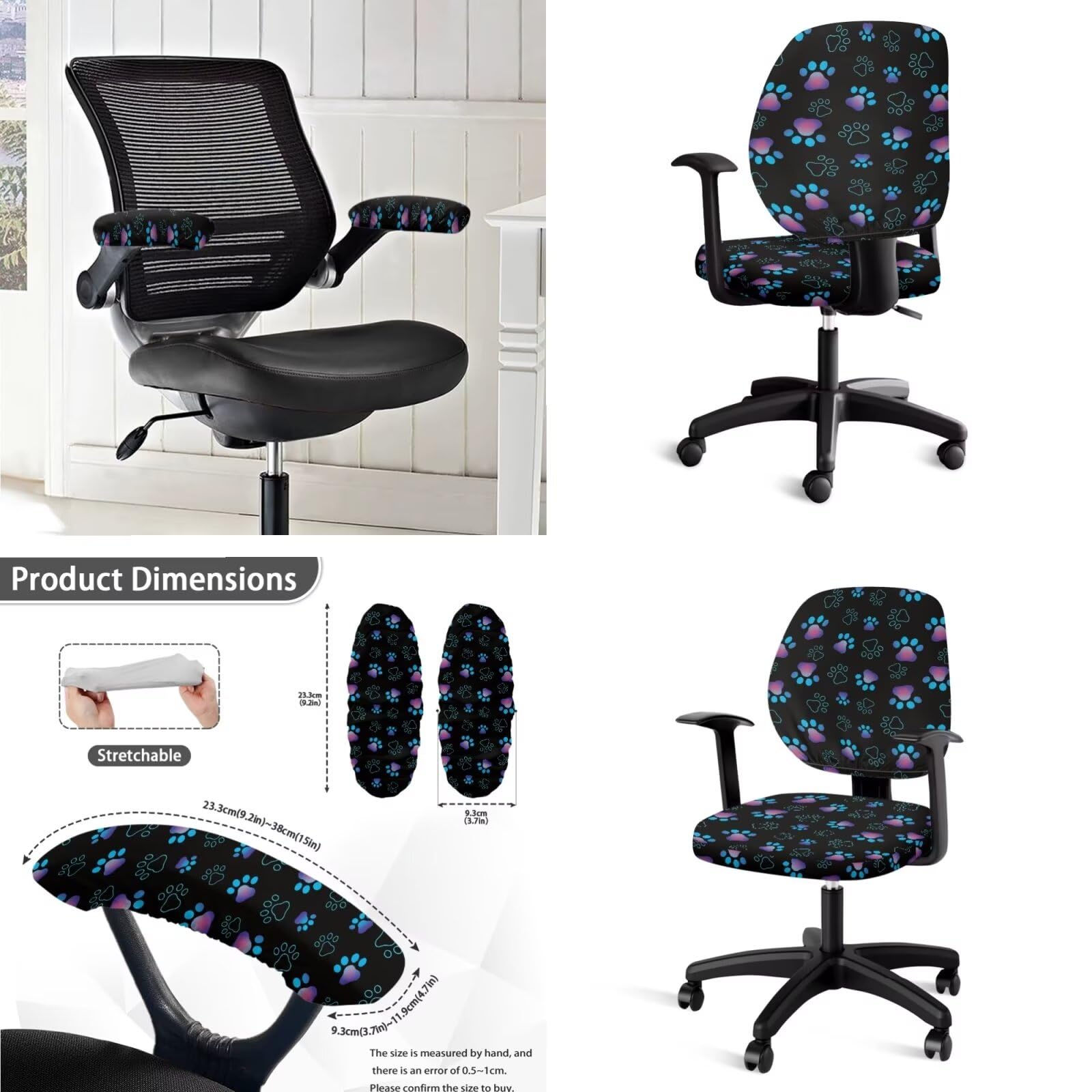 Wanzuoeng Universal Stretchy Computer Office Chair Covers Set of 4, Dog Paw Print Office Desk Chair Seat Cover with Armrest Covers, Soft Comfortable Boss Chair Covers Computer Chair Slipcovers