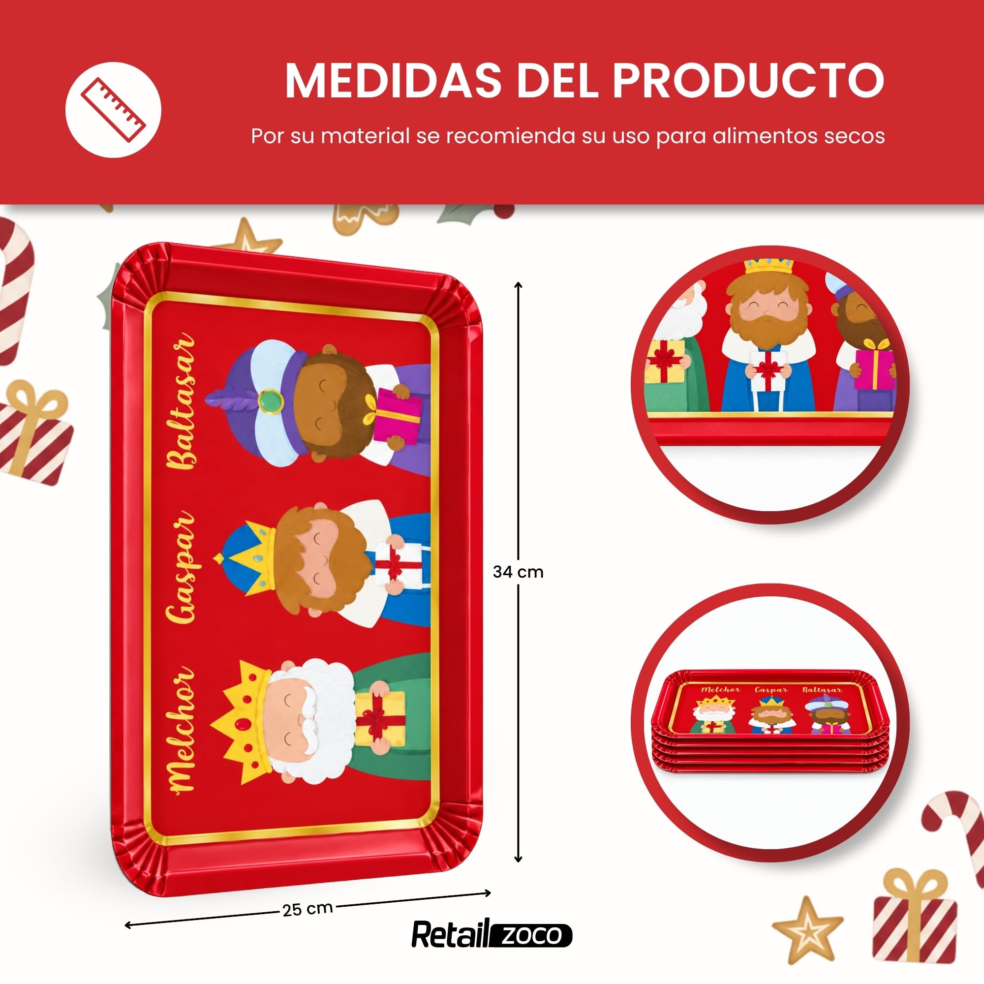 Bandejas de Cartón para Servir, Diseño Reyes Magos Rojo, 6 Unidades - imagen 4