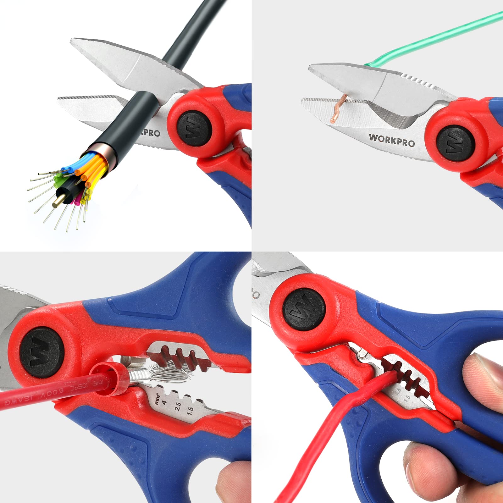WORKPRO Tijeras Electricista Multifuncionales de Acero Inoxidable 163 mm, Tijeras con Pelacables y Funda de Clip, Herramienta para Cortar Cables y Alambres, Cortadora Profesional para Electricistas