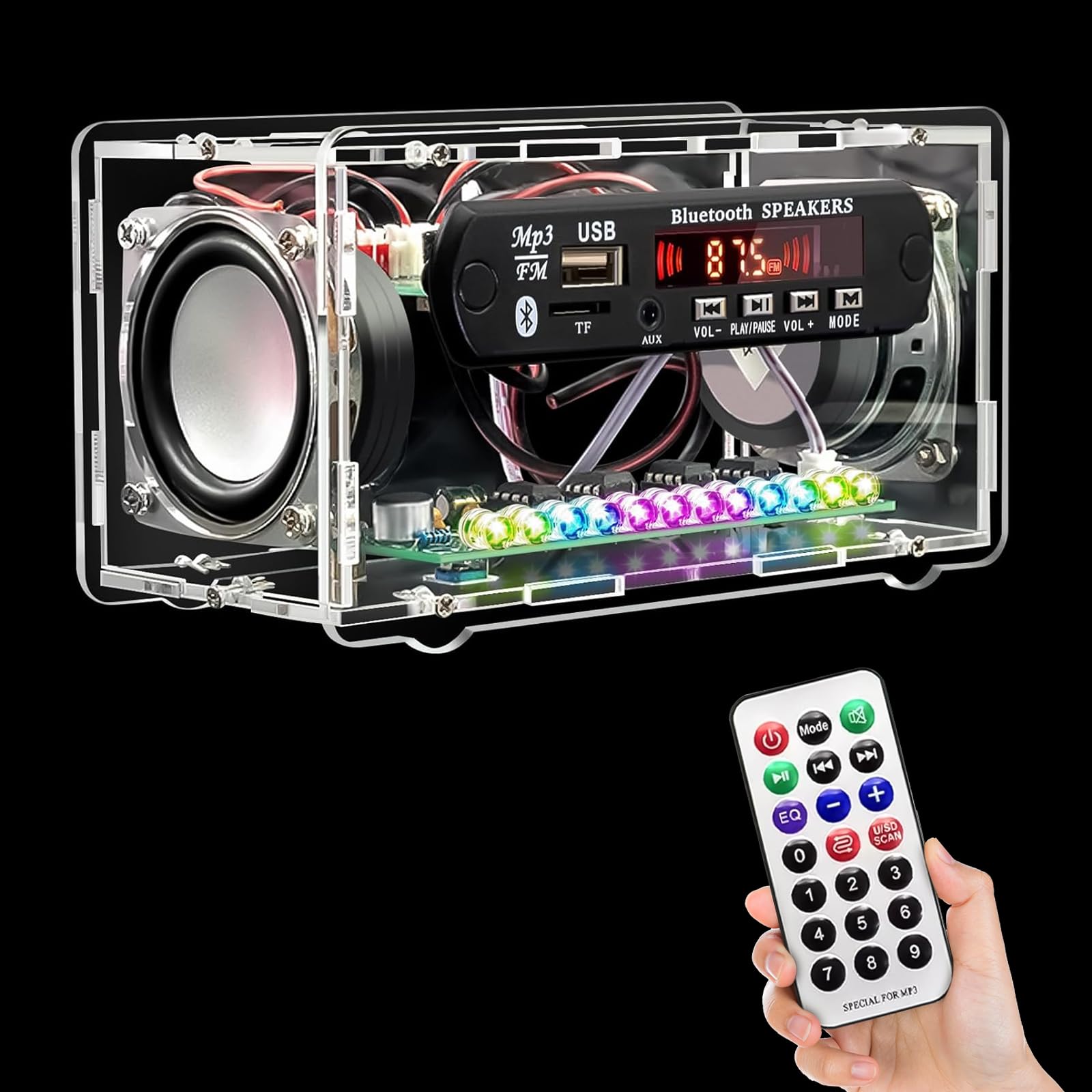 Kit di pratica di saldatura, kit radio FM, kit di altoparlanti Bluetooth fai da te, kit di progetti elettronici per adulti, mini kit amplificatore audio domestico con display digitale (trasparente)