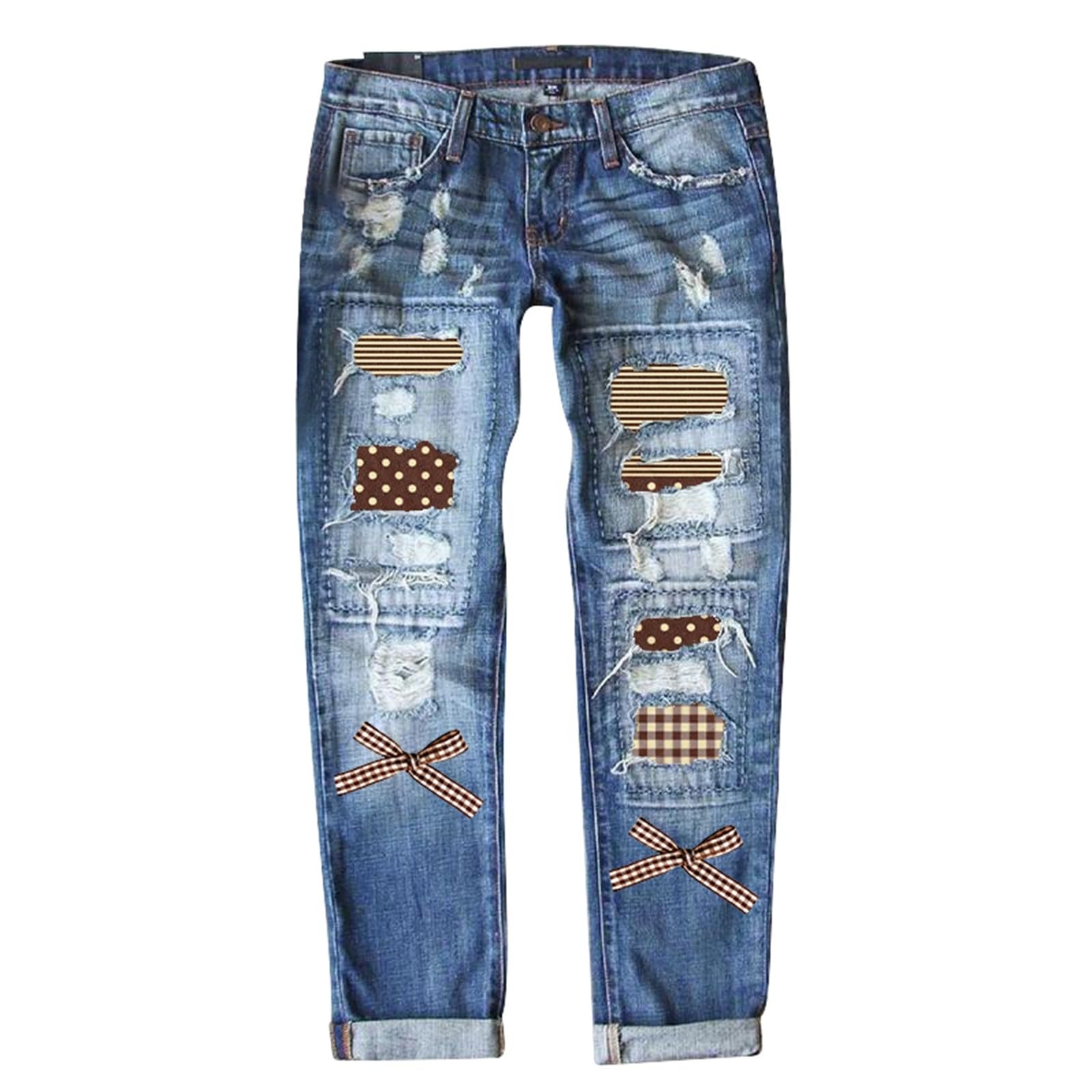 Genérico Vaqueros Mujer Elasticos Elásticos Bolsillos Pantalones Invierno Bootcut Mezclillas Cintura Deportes Campana Elefante Tiro Medio Pierna Recta Cómodos Roturas Rodilla Estampado Floral