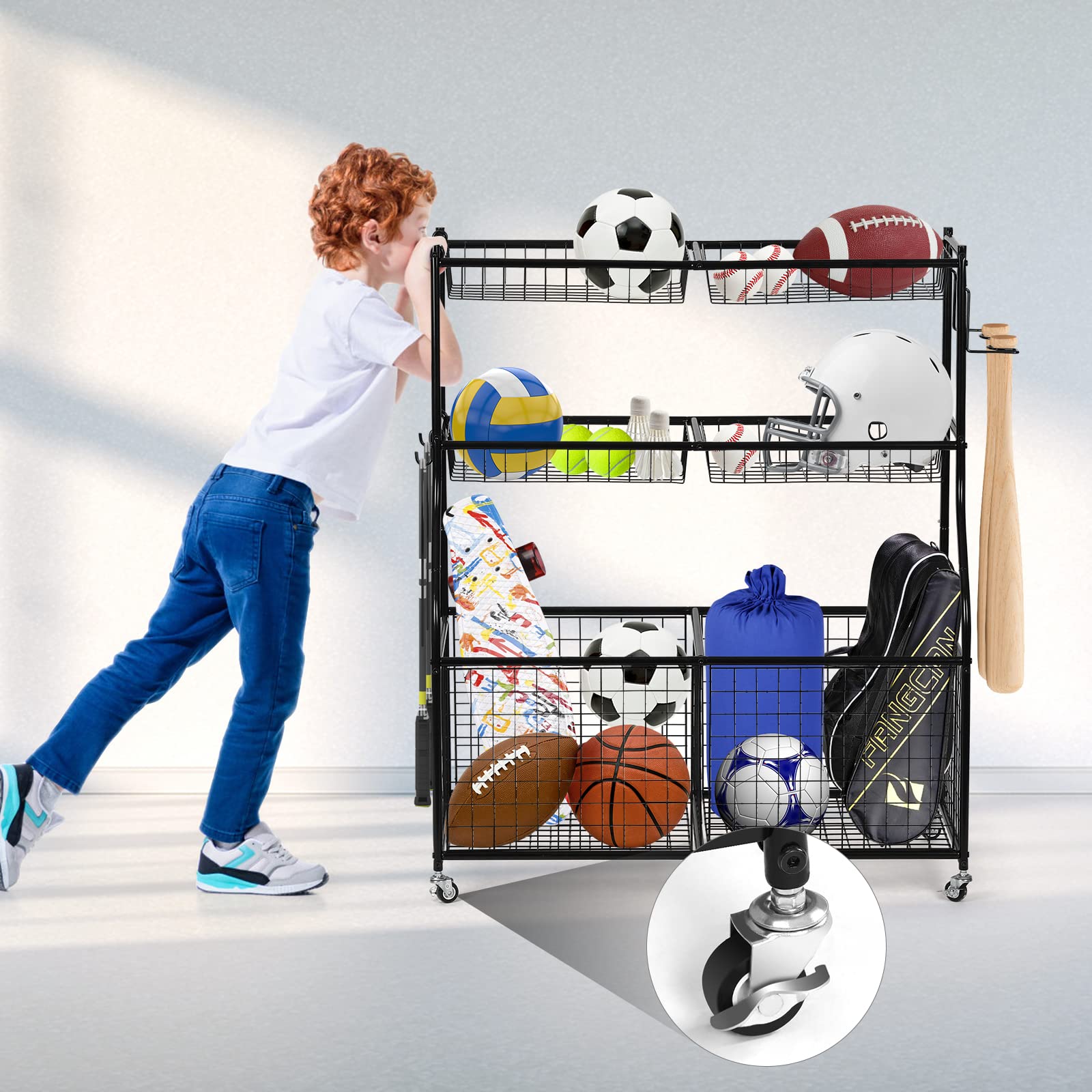 Przechowywanie sprzętu sportowego, organizer garażowy z haczykami i kółkami, stalowy schowek na zabawki na zewnątrz do sprzętu sportowego/zabawek, system przechowywania garażu do użytku wewnątrz i na