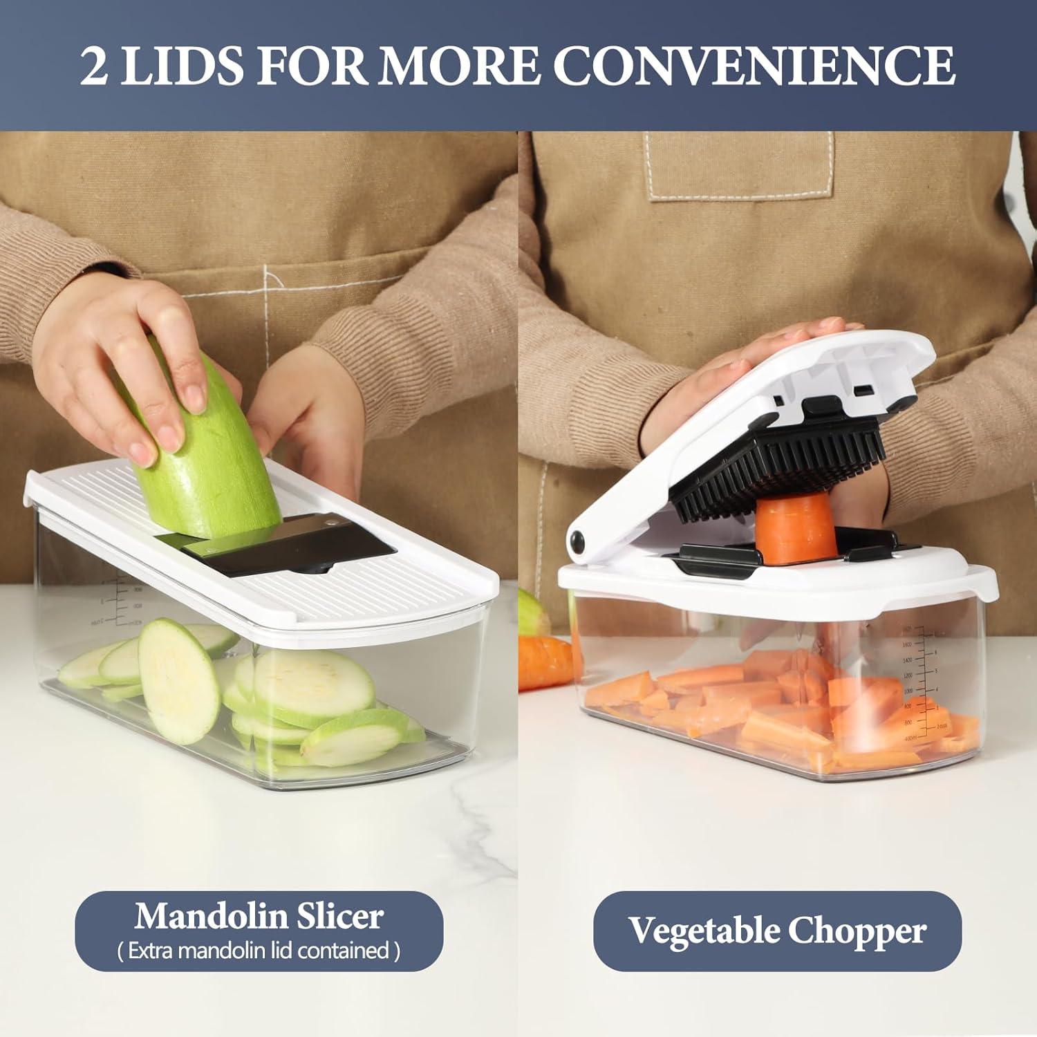 Ourokhome Food Chopper with Container, Manual Mandolin Vegetable Slicer Onion Dicer with 8 Blades, Hand Veggie Shredder for Potato, Tomato, Essential Kitchen Gadgets (8 in 1, White)