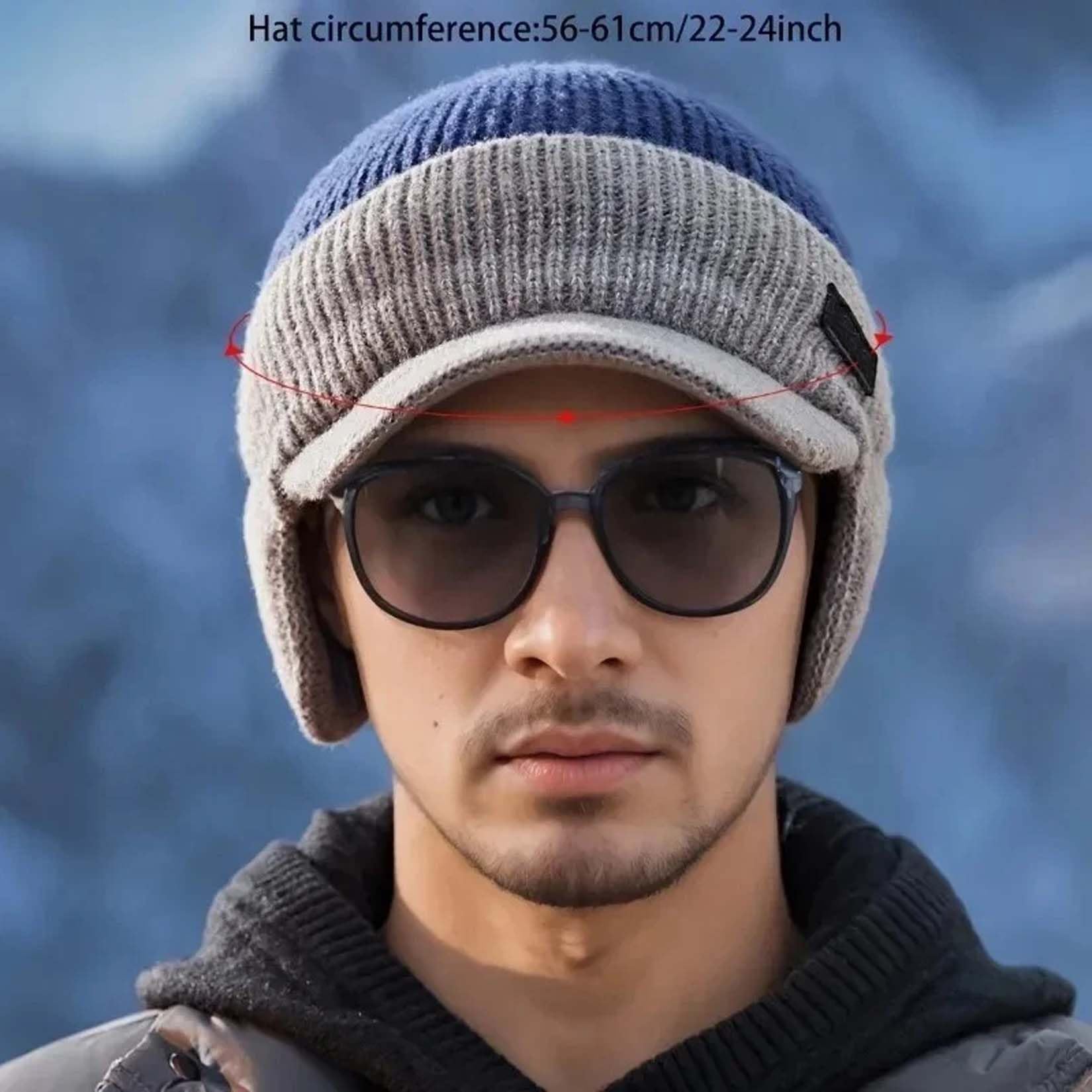 Cappello invernale da uomo lavorato a maglia con paraorecchie con tesa, caldo berretto foderato in pile per uomo, cappello termico antivento lavorato a maglia