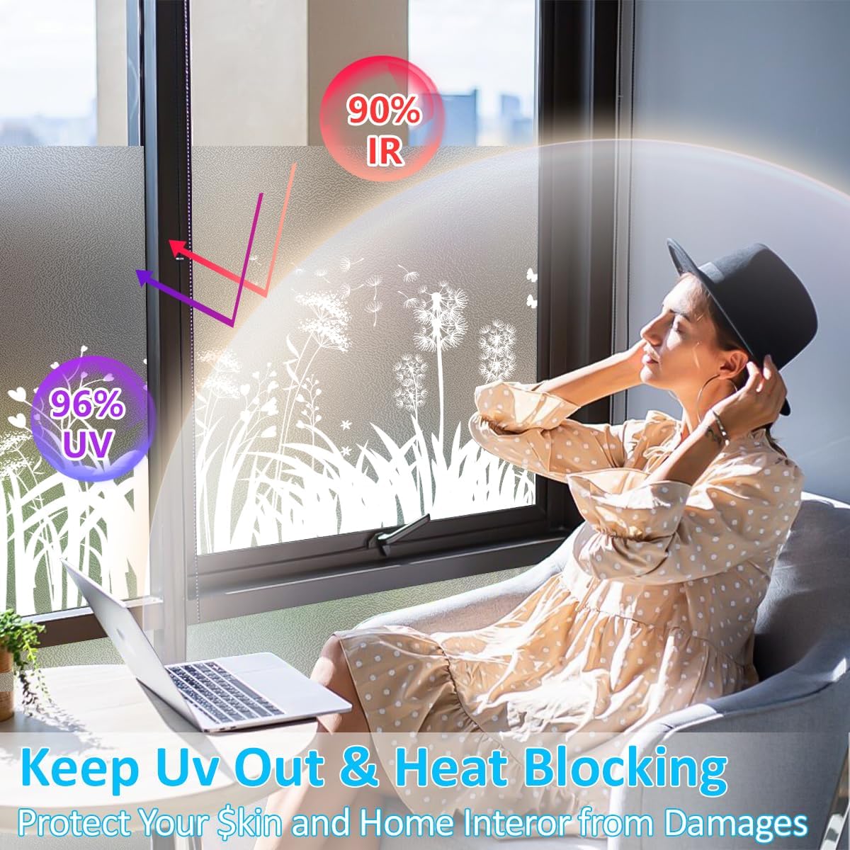 Bloss Window Privacy Film Frosted Glass with Installation Tools, Static Cling Sun Blocking Opaque Coverings, UV Blocking Window Clings for Home Office (Dandelion, 23.6 x 118 inches)