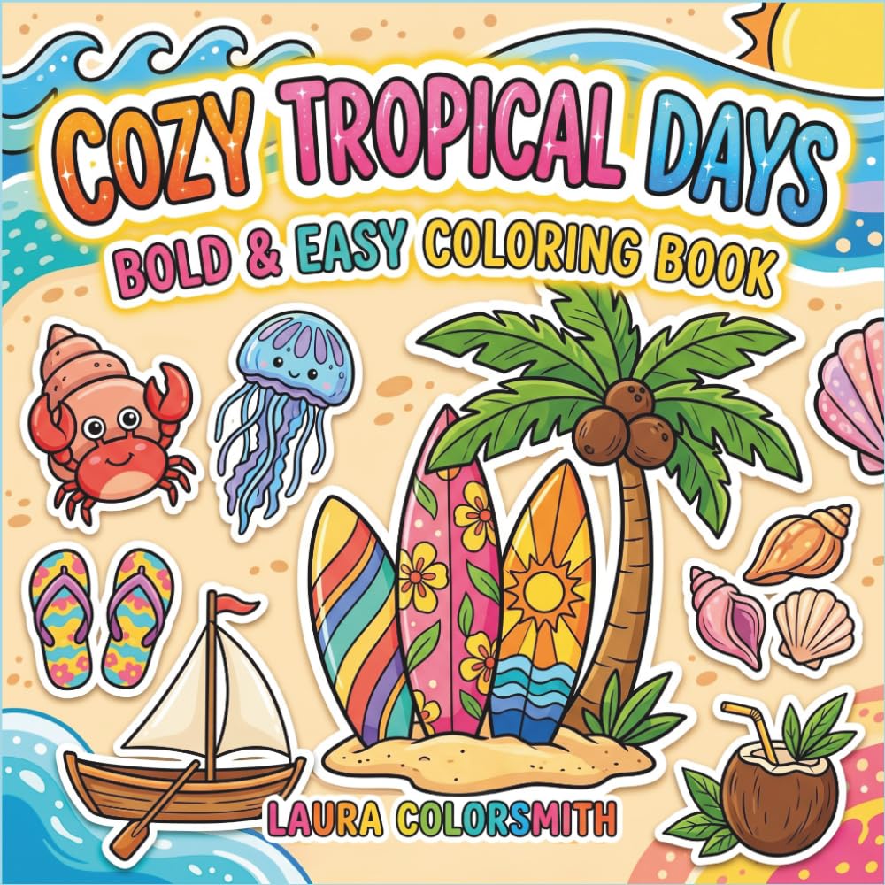 Cozy Tropical Days - Bold & Easy Coloring Book: Cute and Cozy Tropical Days with Simple Beach, Ocean, and Vacation Scenes for Stress-Free Coloring (Summer Coloring Book)