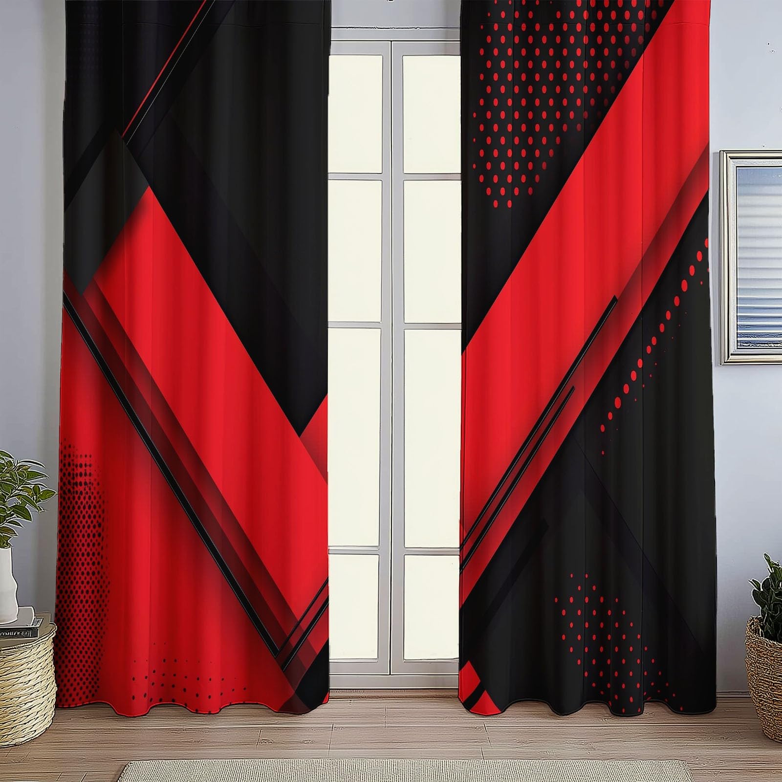 Rideaux Isolants 110L X 215H cm (2 Panneaux), Motifs Géométrie Abstraite Moderne, Tenture Opaque Gris Clair pour Grande Chambre Rouge Noir