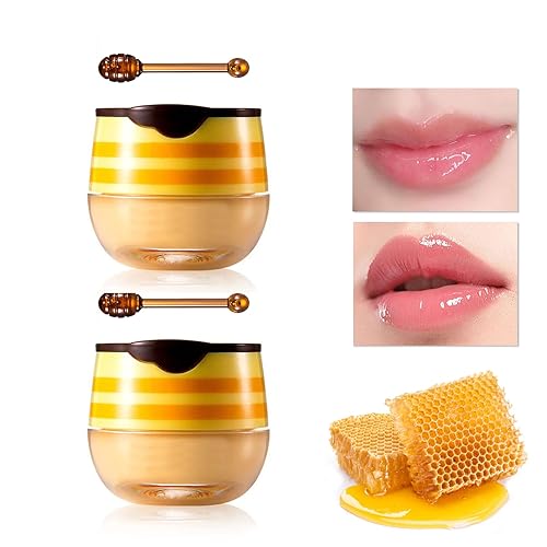 2 piezas de bálsamo labial de abeja con cuchara de miel, máscara para dormir de labios de miel durante la noche, 24 horas de reparación de labios