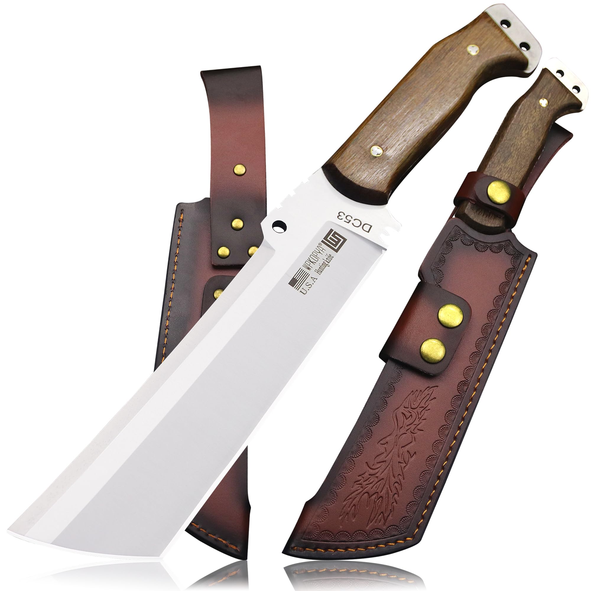 WPKOPYA Fixed Blade Outdoor Knife with Leather Sheath, DC53 Steel Full Tang, 6.6” Sharp Blade, Wooden Handle, 13.6” Tactical Survival Knife for