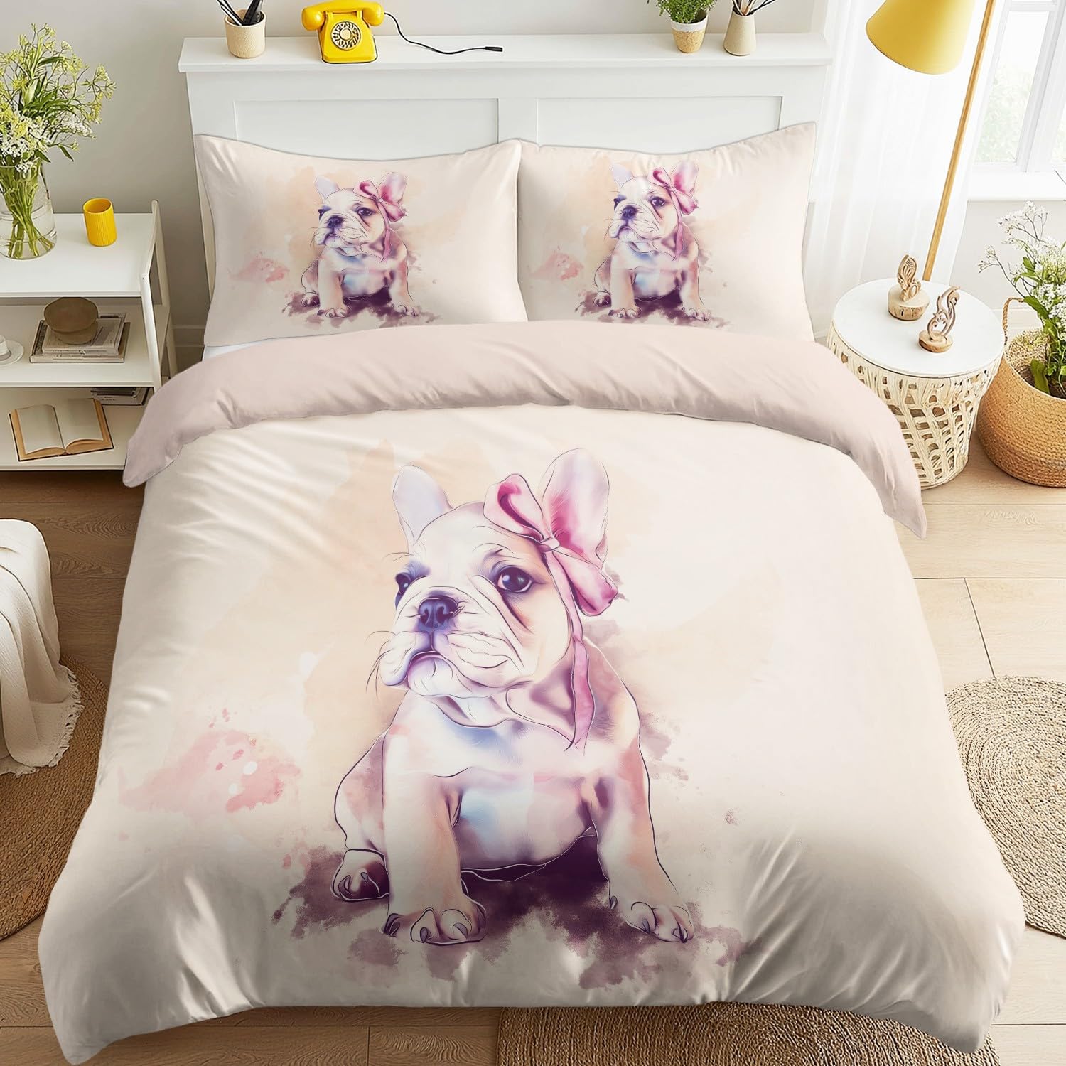 Housse de couette 240x260 bouledogue français microfibre style anime japonais