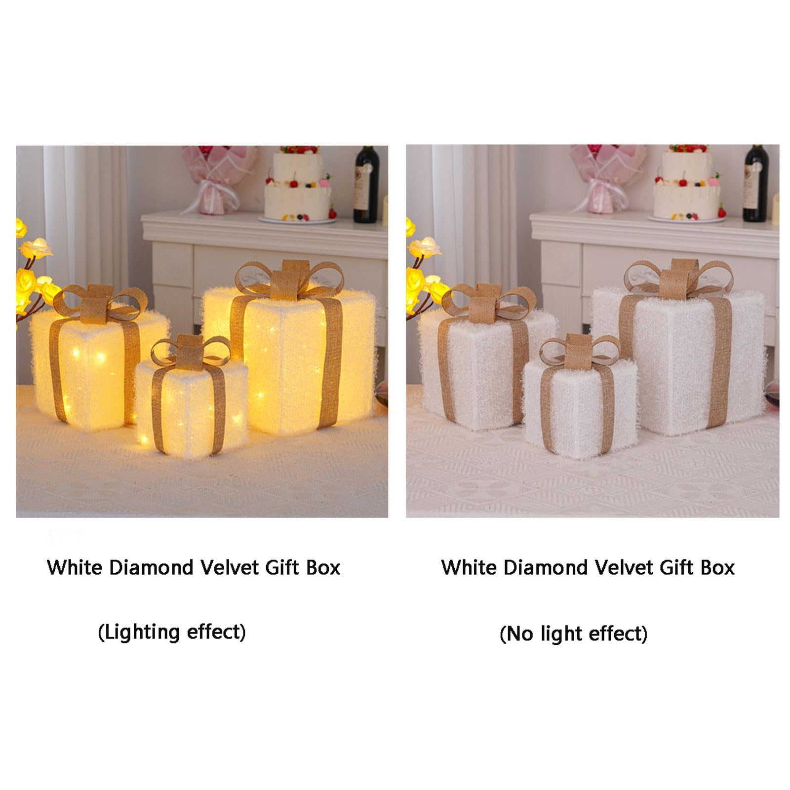 ozdoby świąteczne, Pudełko prezentowe LED na Boże Narodzenie, 3 sztuki, z pilotem i 8 trybami, białe, 15-25 cm(White Brocade Gift Box,Colorful)