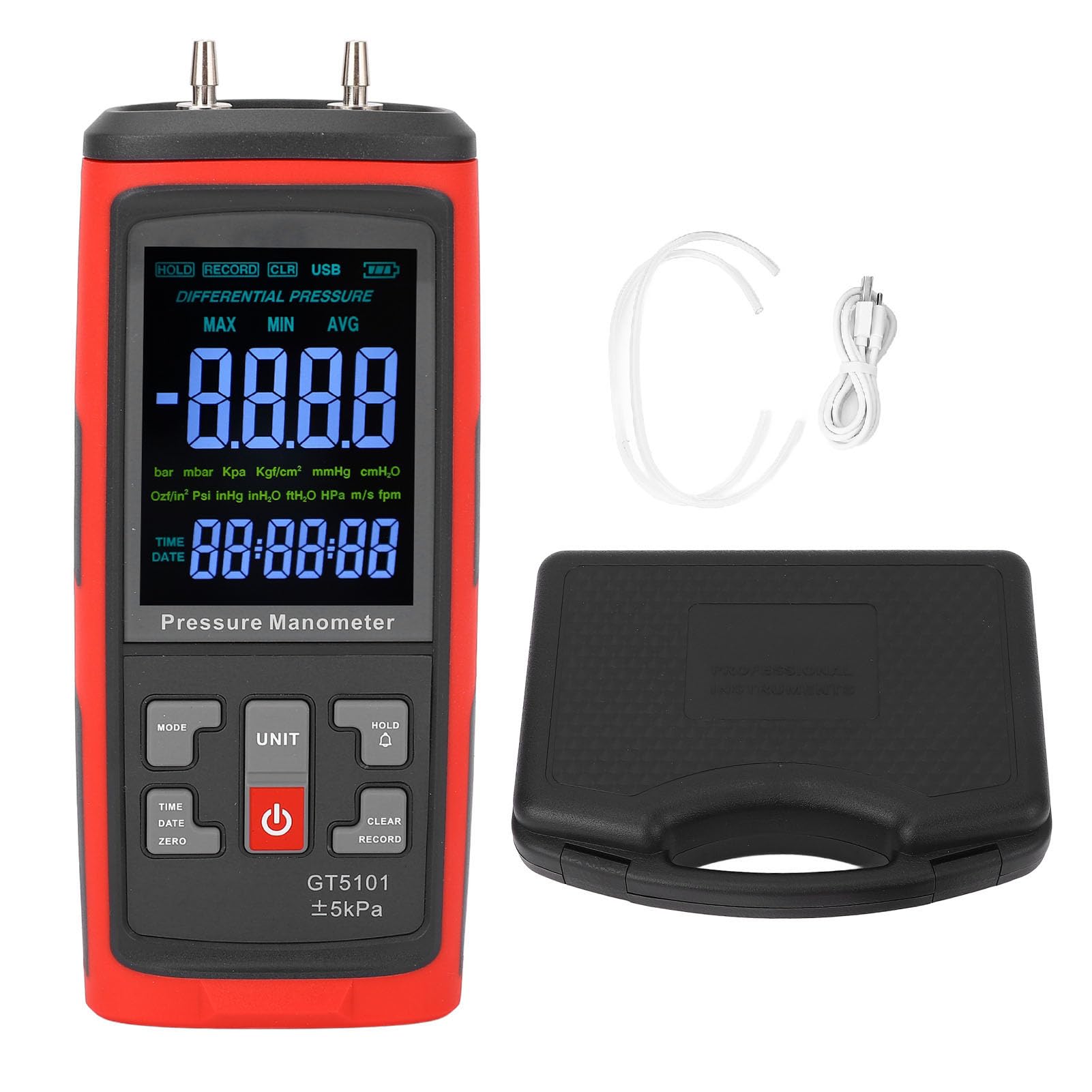 Gas Pressure 12 Selectable Units Handheld Port Differential Pressure Meter for HVAC Calibration