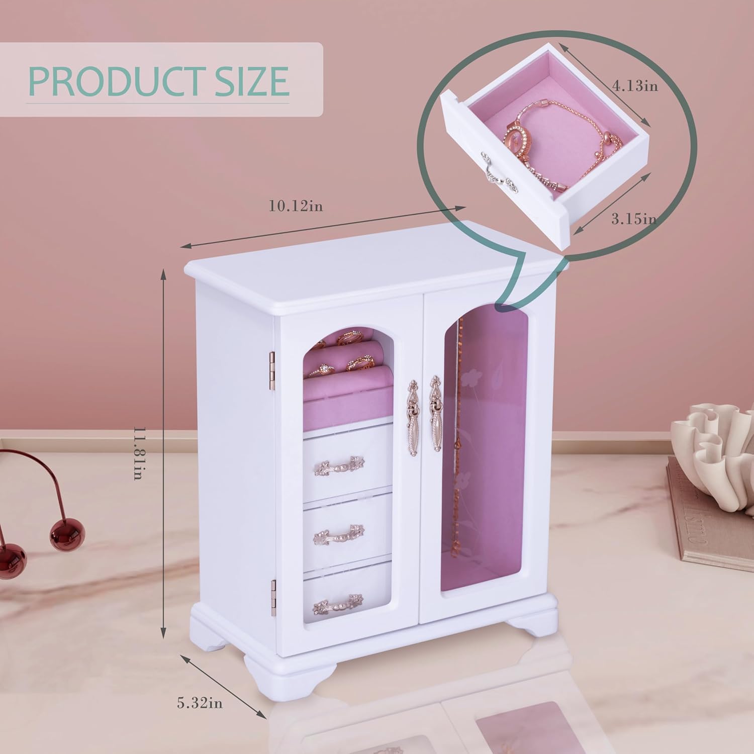 White Jewelry Box,Handle Carving Craft Wooden Jewelry Boxes,With Swivel Hook And Velvet Lining Large Jewelry Box For Women,Suitable As Gift For Friends - Image 3