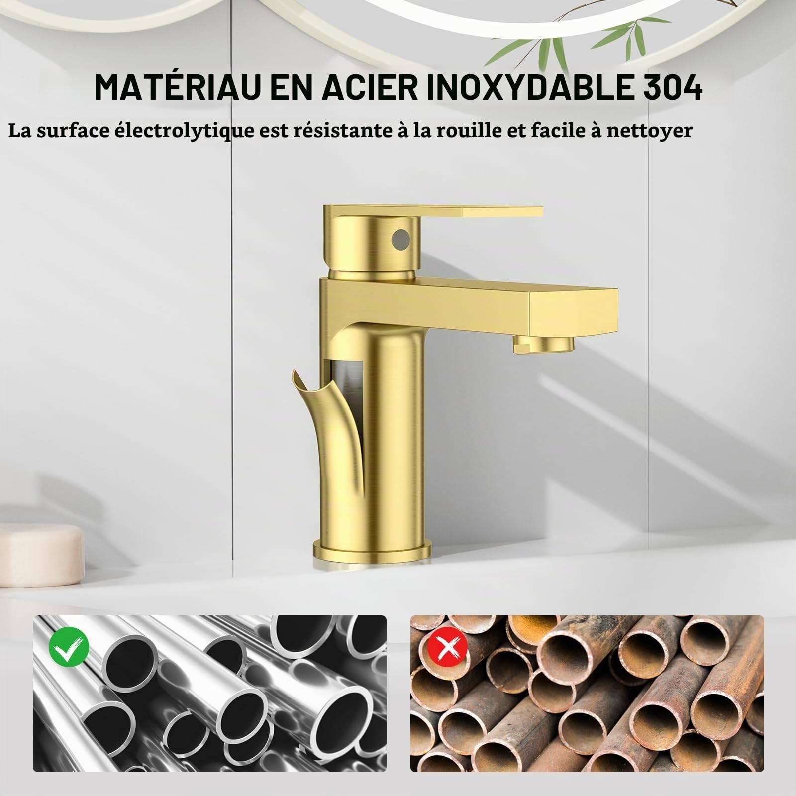 Robinet de Lavabo pour Salle de Bain Rectangulaire avec Pop-up Vidage, Mitigeur Monocommande Monotrou, doré