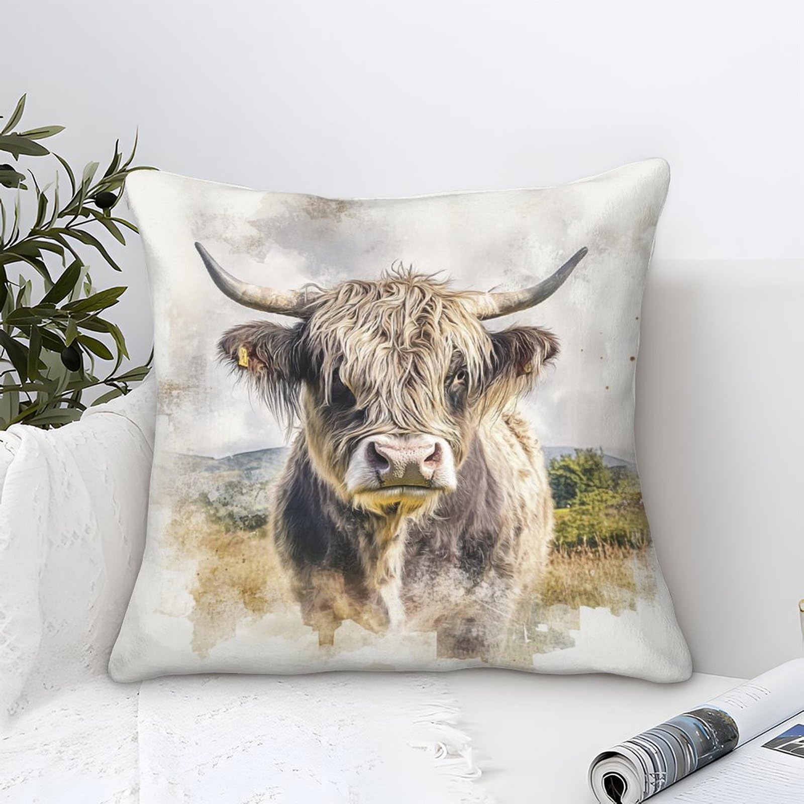 Yyvkpmlxc Style-6 Highland Cow Pillow Case Modern Art Decorative,Watercolor Pastoral Pattern Square Cotton Cushion Covers Soft Polyester Throw Pillow Cases For Sofa Patio Home Decor 45X45cm