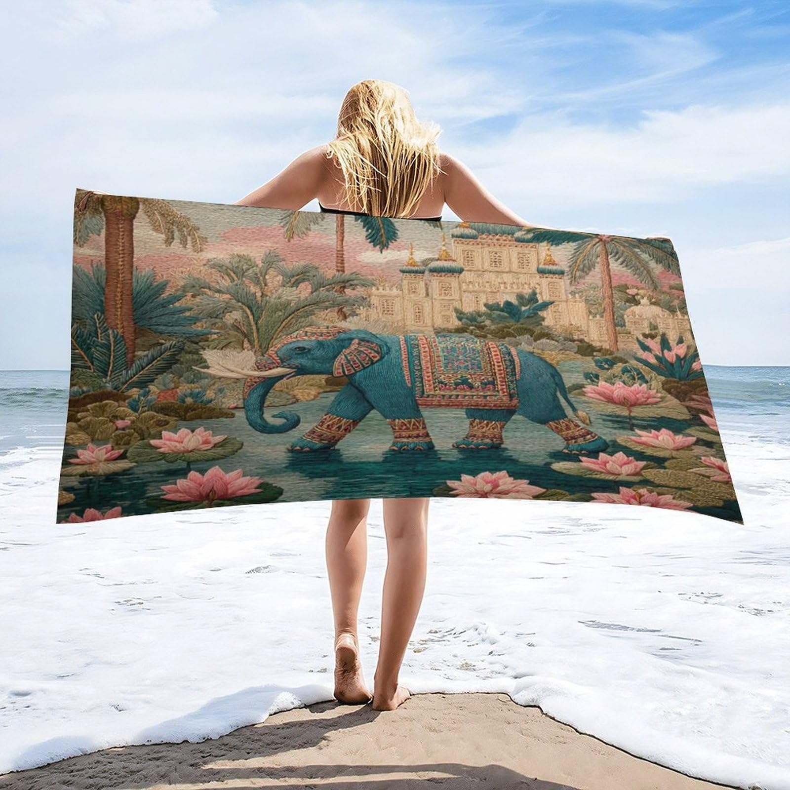 Luyysky Boho Aesthetic Indian Elephant Quick-Drying Beach Towel, Rustic Vintage Castle Animal Elephant Lotus Flowers Palm Tree Travel Vacation Single Sided Pile Bathroom Towels-80 W Cm X 160" L Cm