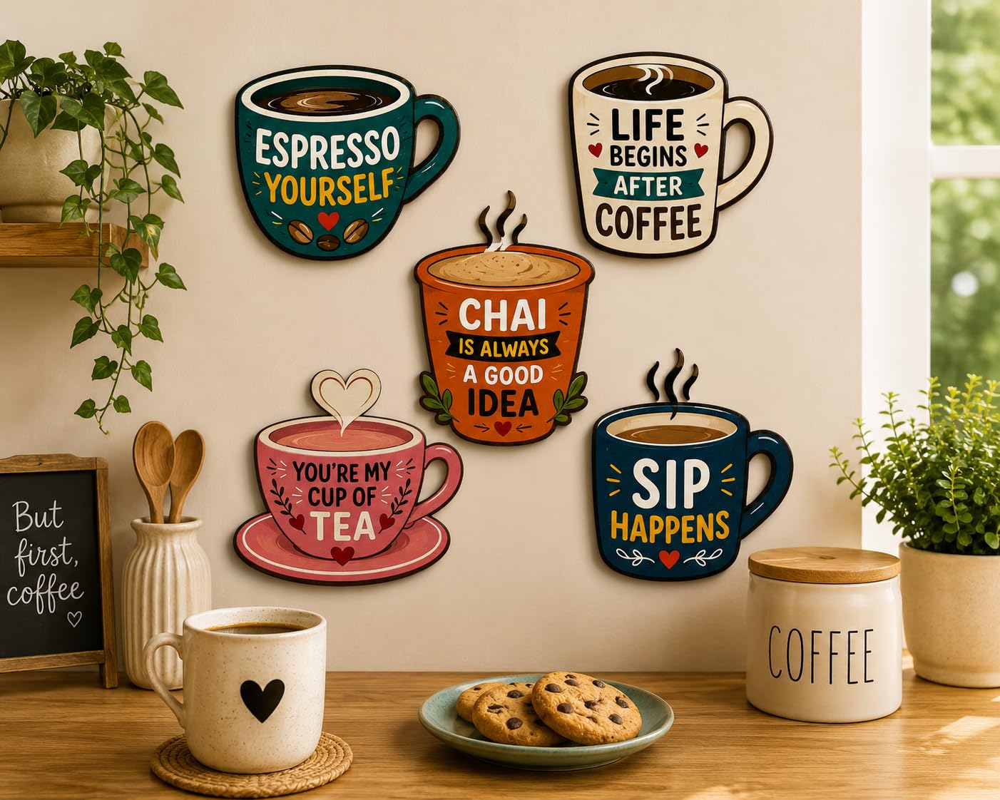 Gladtogift Set of 5 Coffee & Tea Wooden Wall Decor Signs | Cafe-Themed Kitchen Wall Hanging | Espresso Yourself, Life Begins After Coffee Quotes | MDF UV Printed Wall Art for Kitchen, Coffee Corner & Cafe Decor-image-31