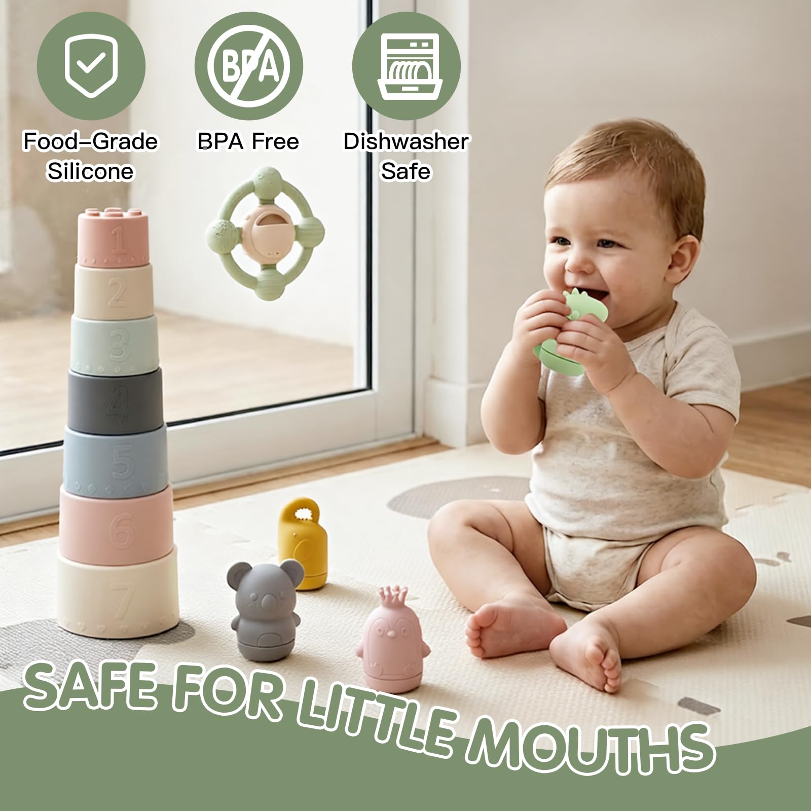 Giocattoli da Bagnetto per Bambini, Giochi Bagnetto Neonato in Silicone con Volante Giocattolo, Tazza Impilabili e Giocattoli Animali, Senza Bisfenolo A, Giocattolo a Acqua per Bagno Piscina Spiaggia