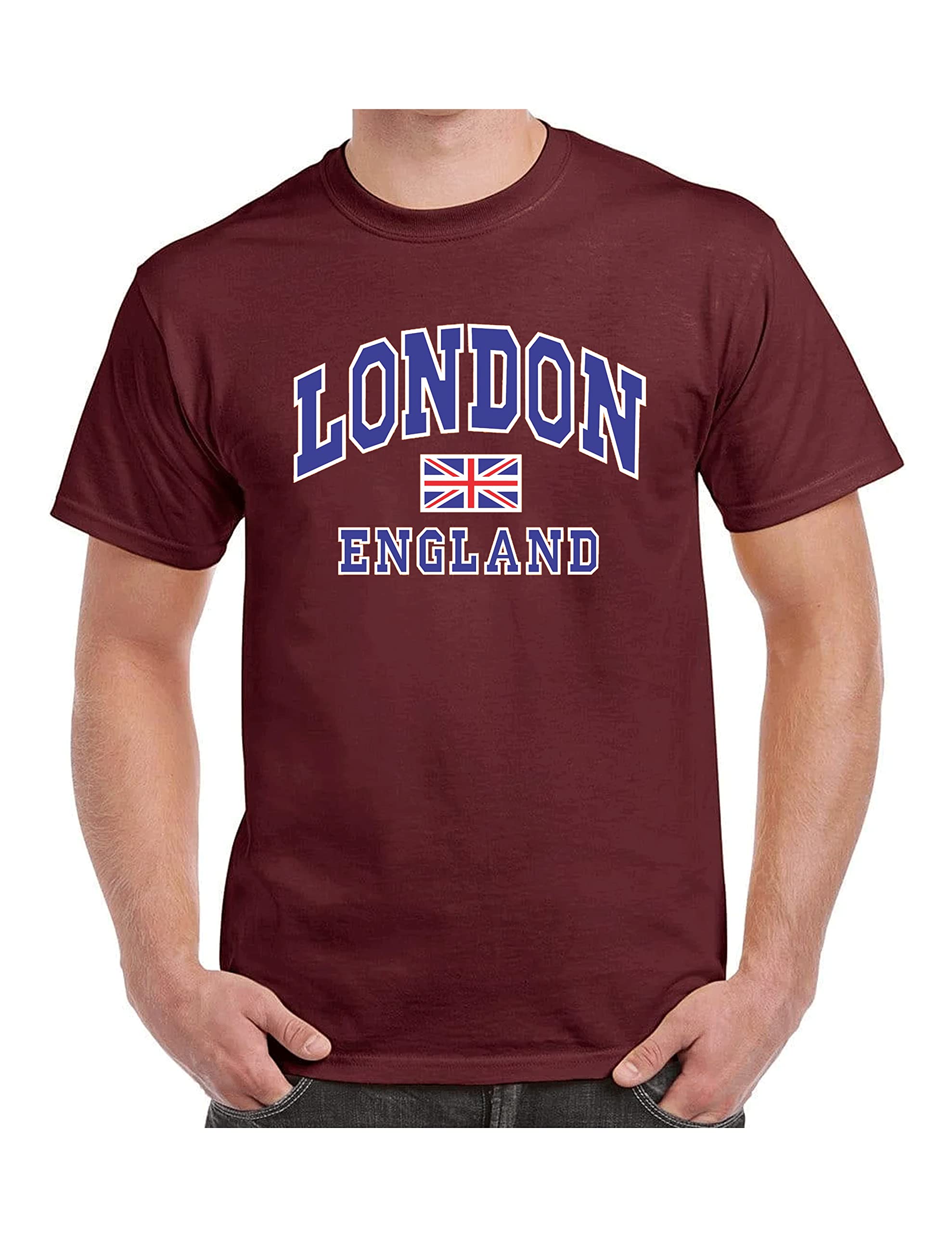 Moonbow London England with Union Jack Flag Souvenir Quality Printed T-Shirt Burgundy