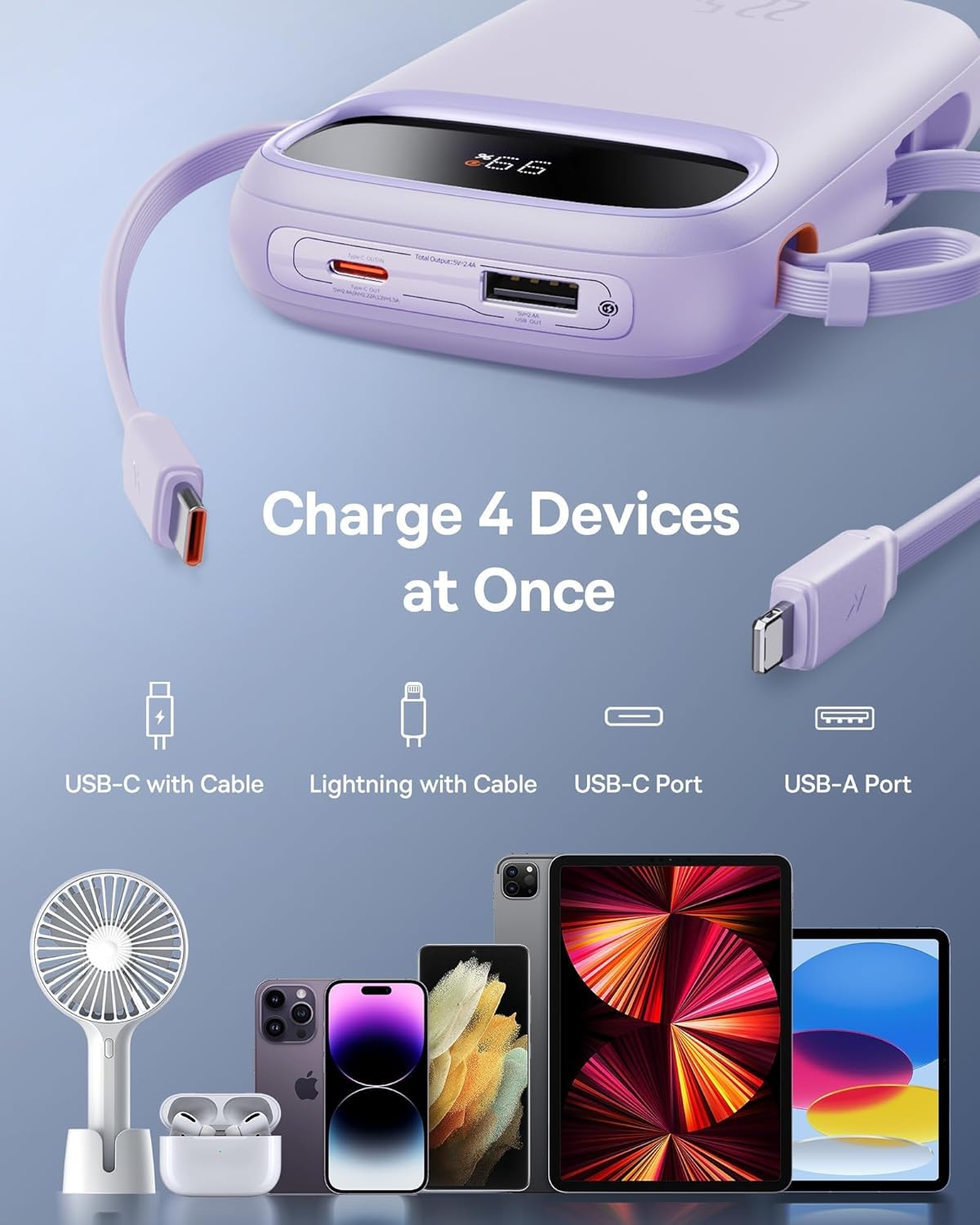 71989Eoet+L._AC_SL1500_ Carregador portátil Baseus Power Bank, carregador de telefone portátil de carregamento rápido de 22,5 W com cabo de saída USB-C e iOS integrado, bateria portátil com display LED (Roxa, 10000mAh)