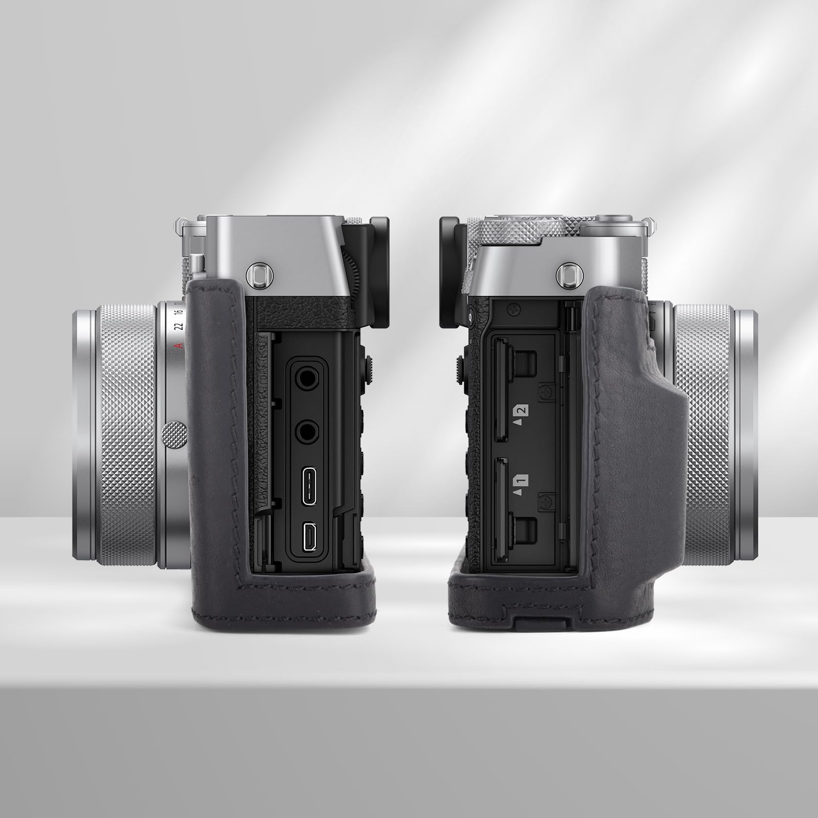 MUZIRI KINOKOO Housse pour Fuji GFX100 RF, Demi-étui de Protection en Cuir véritable Compatible avec Les appareils Photo numériques Fuji GFX100 RF/GFX100RF - avec Ouverture en Bas et poignée - Noir