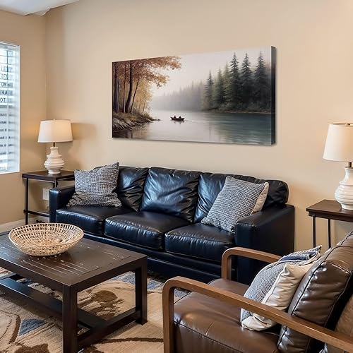 Miniatura 3 de 24"x 48" Canvas Wall Art Mountain Rustic Lake Landscape Nature Forest Scenery Vintage Boat Framed Pictures Painting Prints Large Wall Art for Living