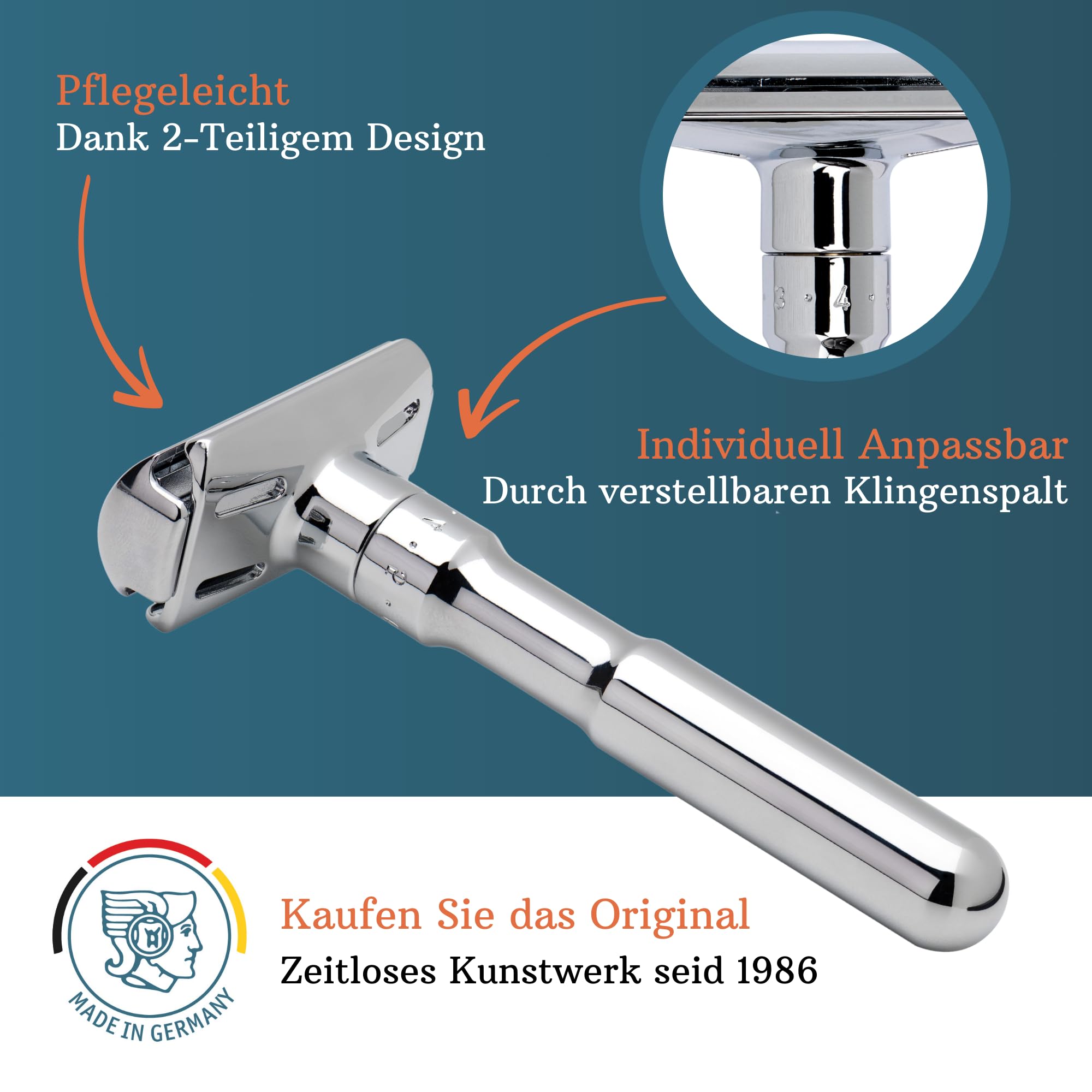 MERKUR Futur 701 maszynka do golenia Futur 701 | designerski klasyczny połysk | dwuczęściowa golarka o prostym kroju | idealna do golenia na mokro | odlew cynkowy | mosiężny uchwyt | Made in Germany