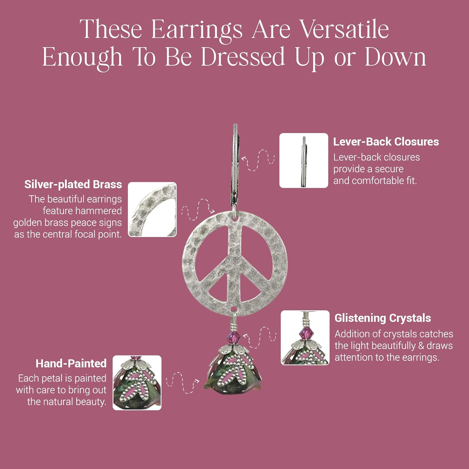 NoMonet 手描き職人イヤリング - フラワーチャイルド - シルバー、グリーン、ピンク