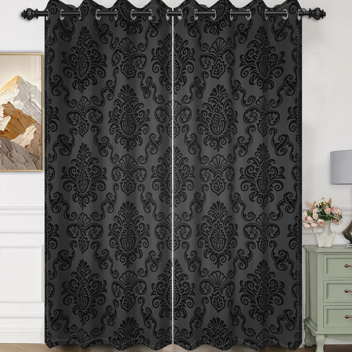 Umpoo Black Damask Floral Blackout Curtain Vintage Classic Flower Pattern Printed Drapes 52 x 72 Inches Window Curtain Set for Living Room Bedroom