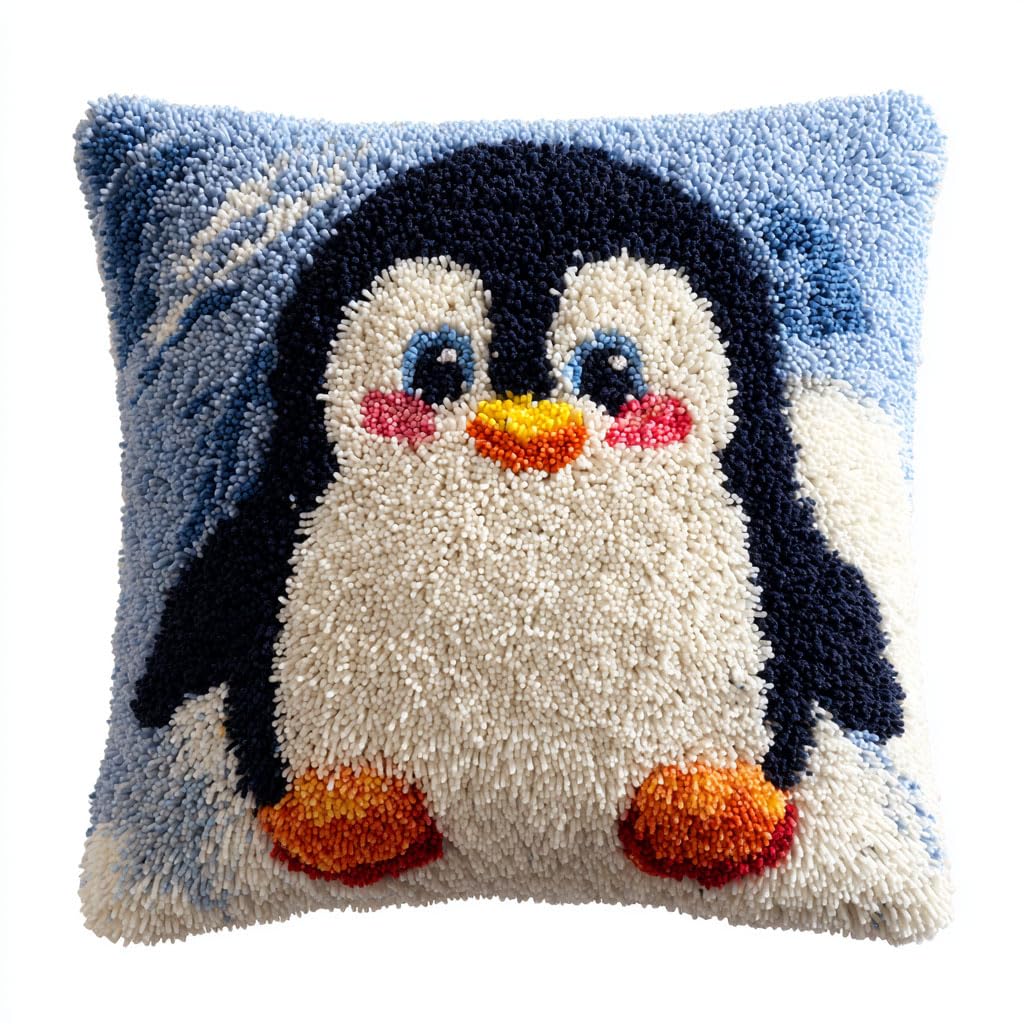 Taxpy Latch Hook Cushion Kit-G Latch Hook Pillow Case Kits, Animal Penguin Embroidery Kits Diy Pillow Cushion Cover Latch Hook Cushion Kit,17X17inch