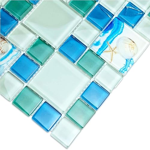 Miniatura 3 de Azulejo de vidrio brillante para salpicaduras de playa, resina, mosaico azul con concha, diseño de pez de mar, azulejos de suelo y pared (11 pies
